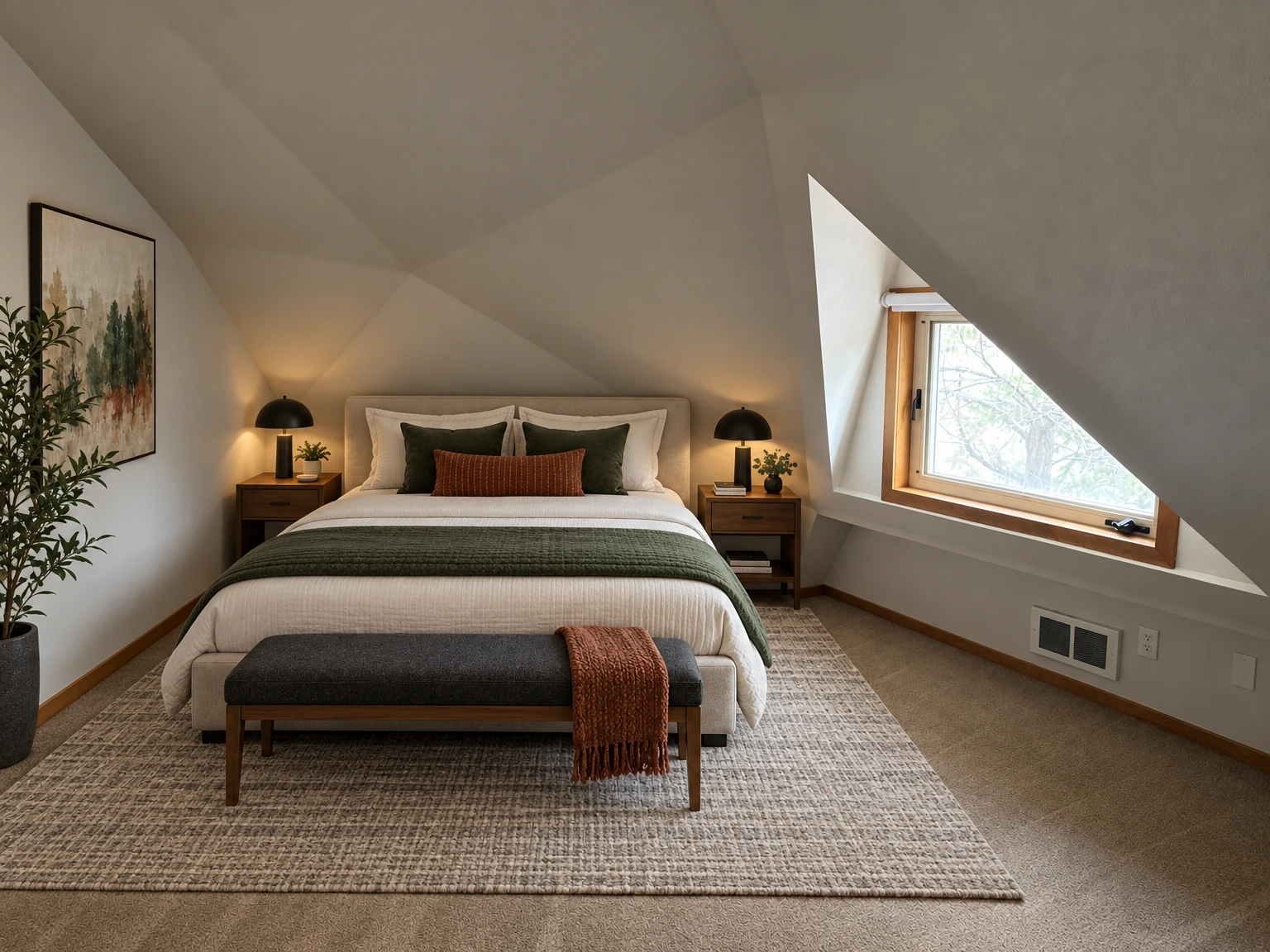 An empty carpeted room has sloped white walls, wood trim, and a wood-framed window with trees visible outside. (virtually staged)