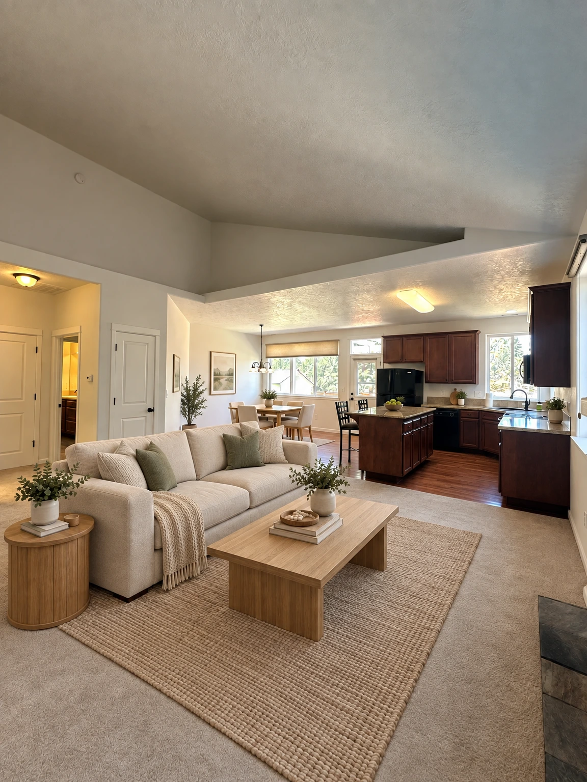 A carpeted living area opens onto a kitchen with dark wood cabinets, an island, and windows. (virtually staged)