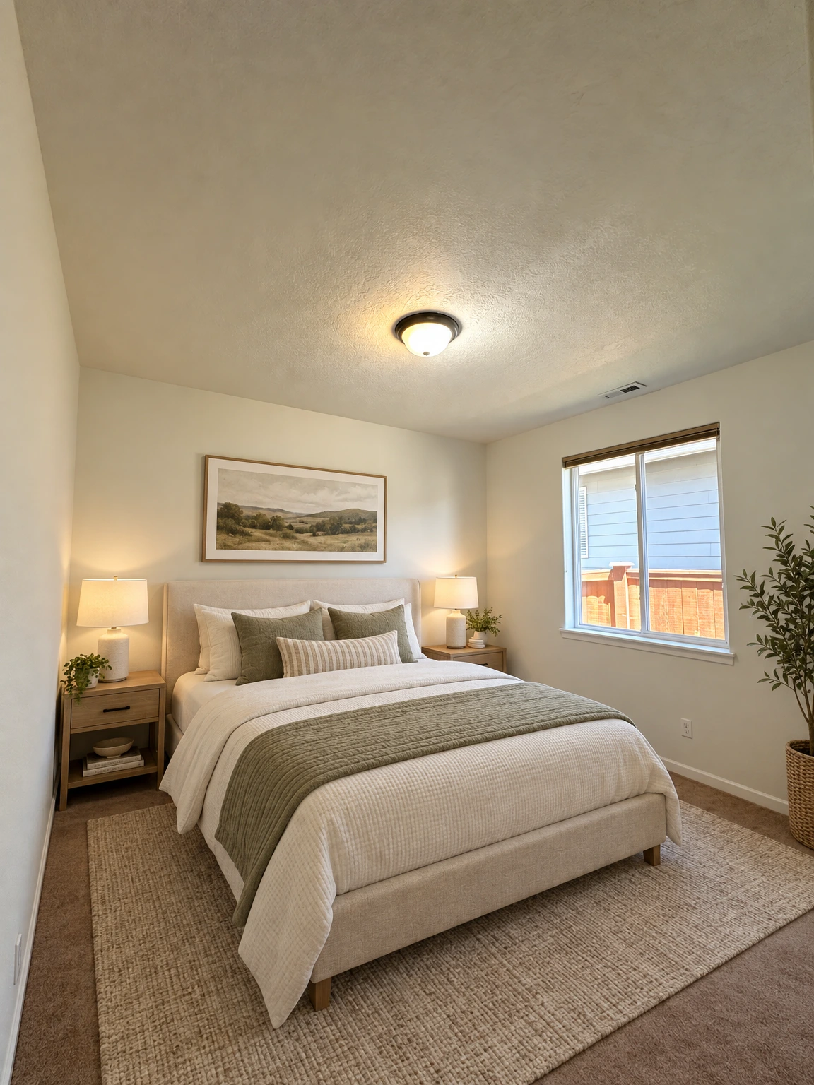 An empty room with beige carpet, light-colored walls, a ceiling light, and a window with blinds. (virtually staged)