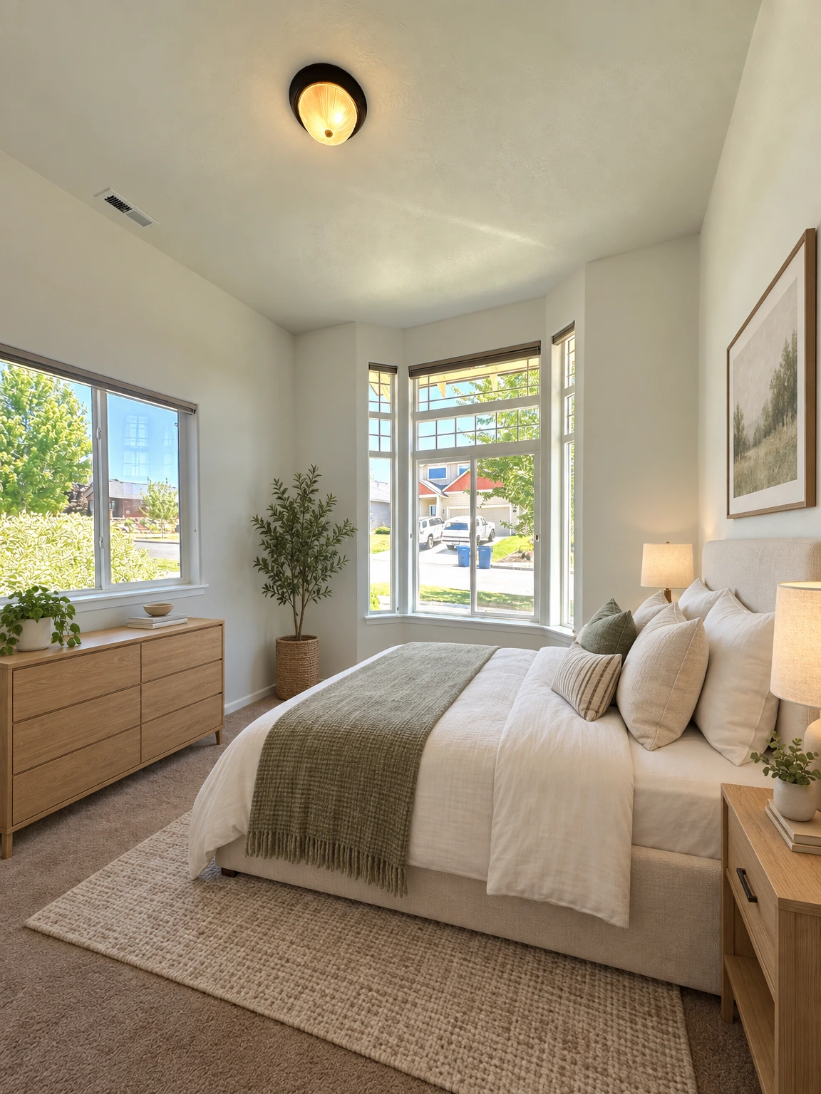 An empty room has brown carpet, white walls, a ceiling light, and large windows along two walls. (virtually staged)