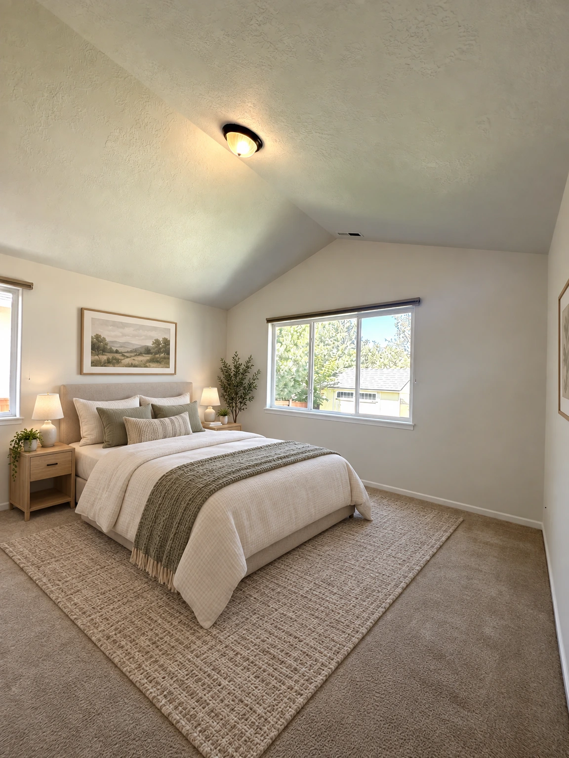 An empty room has gray carpet, white walls, two windows, and a sloped textured ceiling with a lit fixture. (virtually staged)