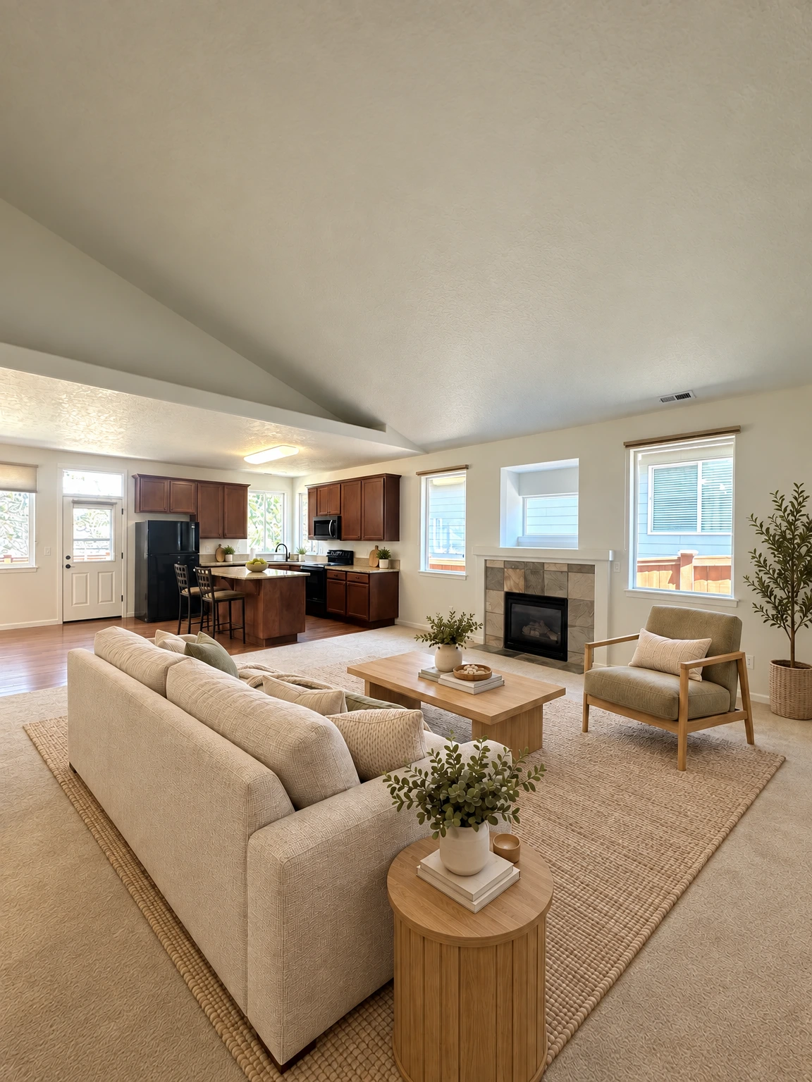 An open living room with beige carpet, a tiled fireplace, and a kitchen with dark wood cabinets and an island. (virtually staged)