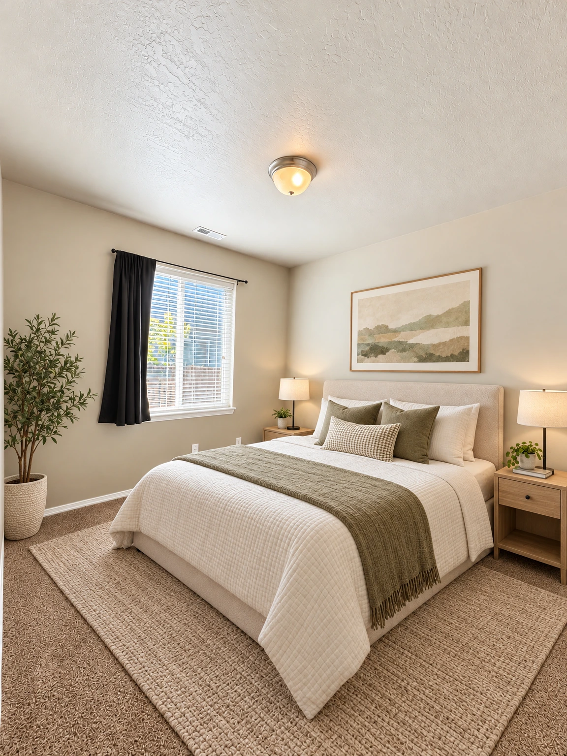 An empty room with beige carpet, light-colored walls, and a window with white blinds and a dark curtain. (virtually staged)