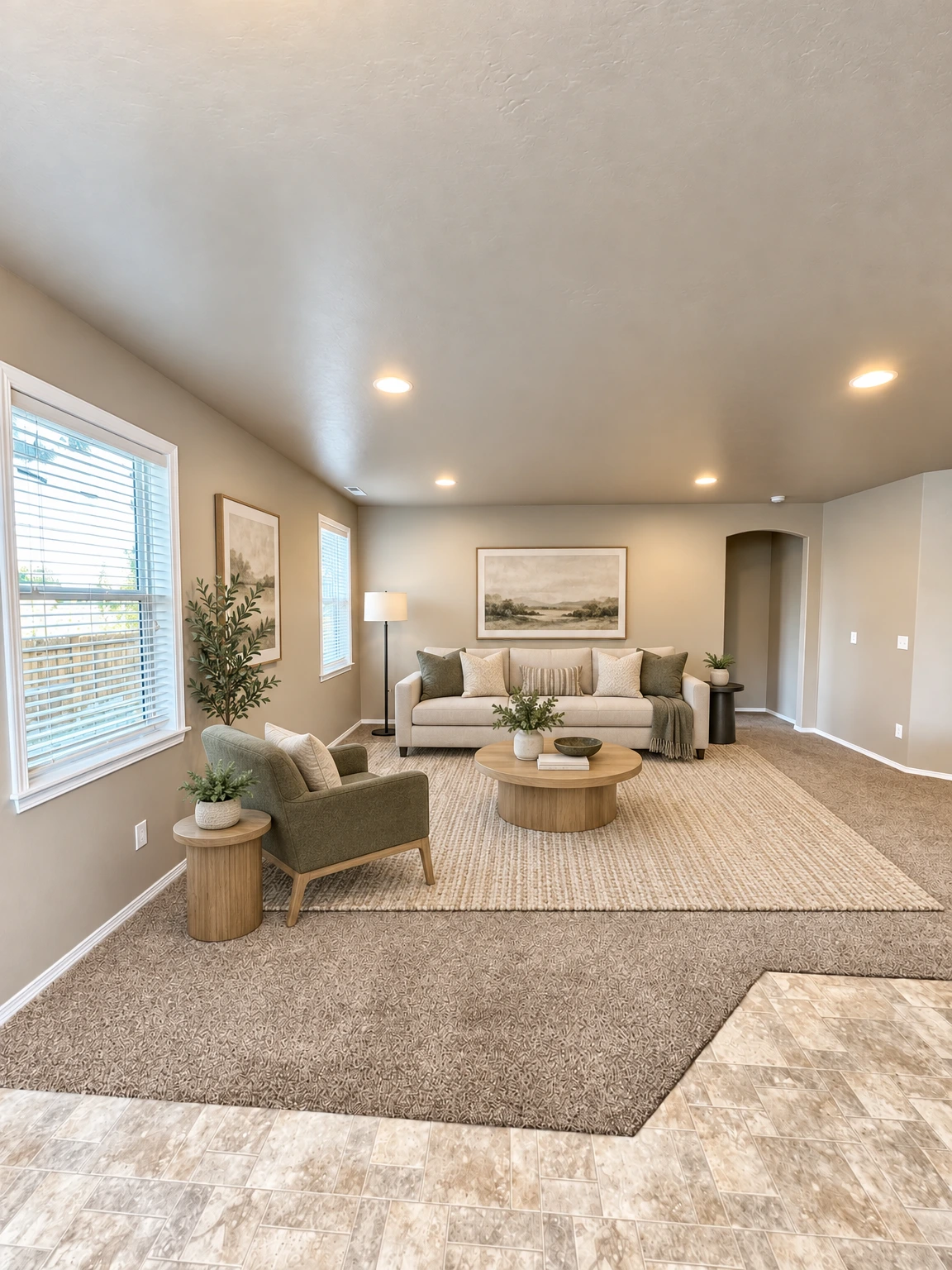 An empty room has beige carpet, two windows with blinds, recessed ceiling lights, and a tiled floor area in the foreground. (virtually staged)