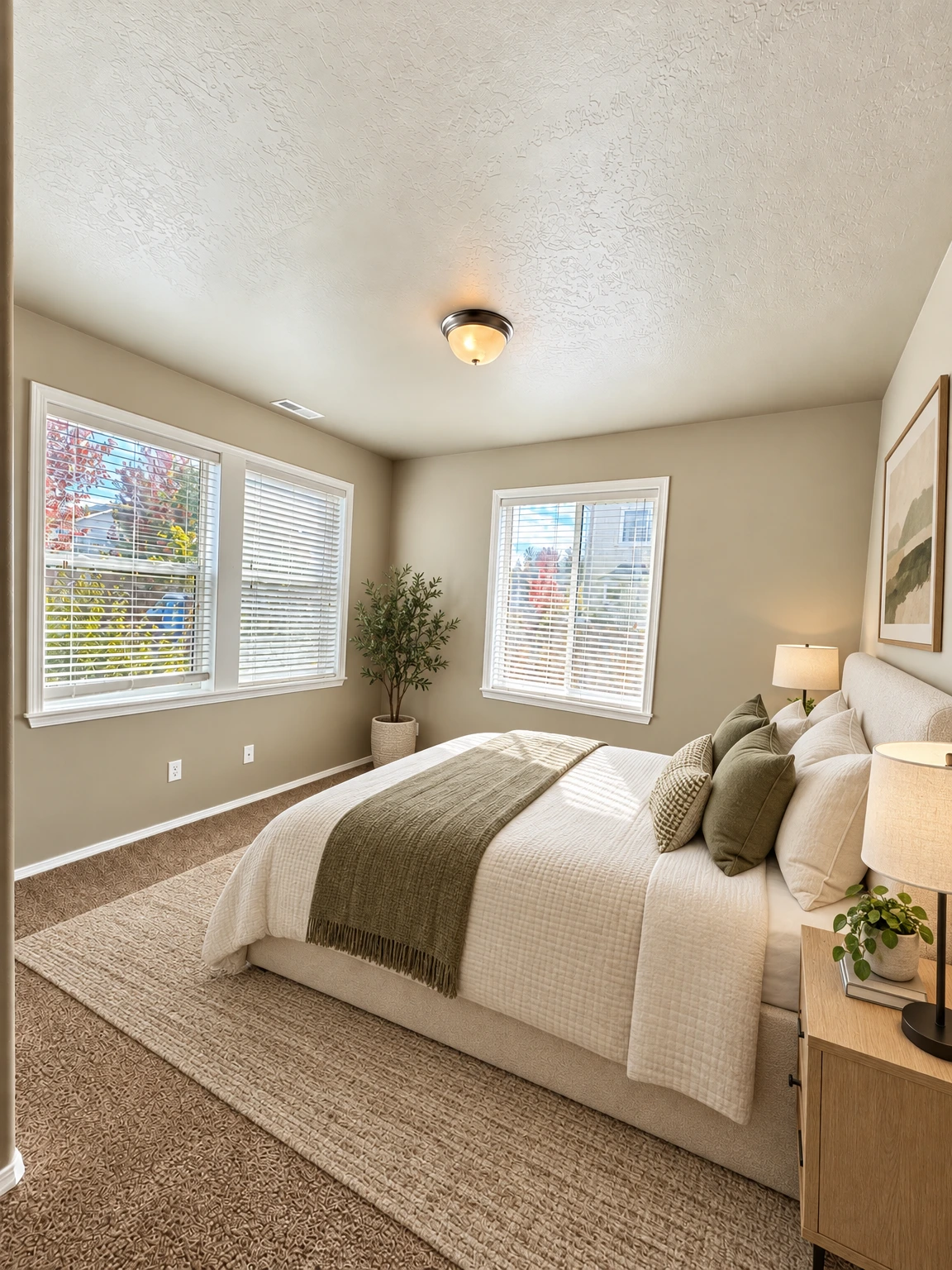 An empty room has beige walls, brown carpet, three windows with blinds, and a ceiling light. (virtually staged)