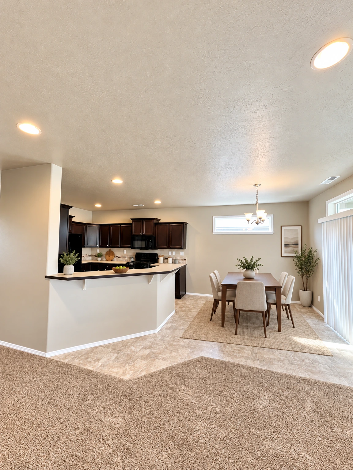 An open room has a carpeted foreground, tiled floor, and a kitchen with dark cabinets and a peninsula. (virtually staged)