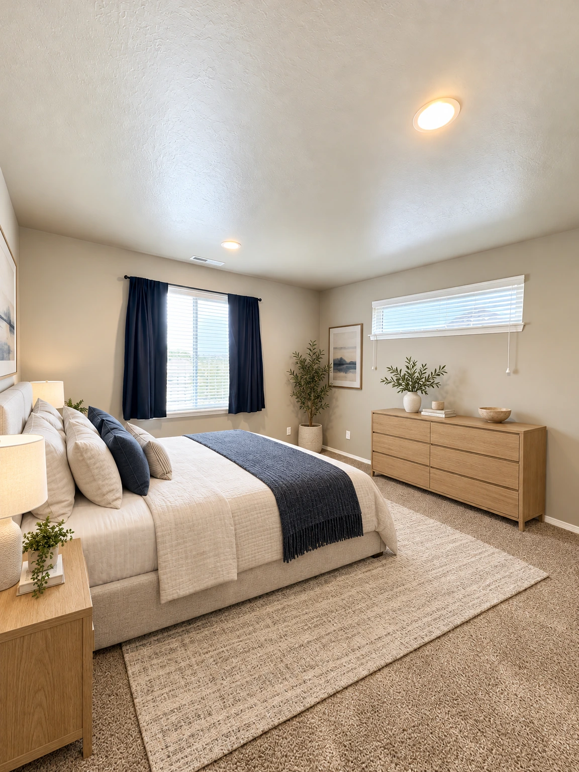 A carpeted room with beige walls, two windows with blinds, dark curtains, and recessed ceiling lights. (virtually staged)