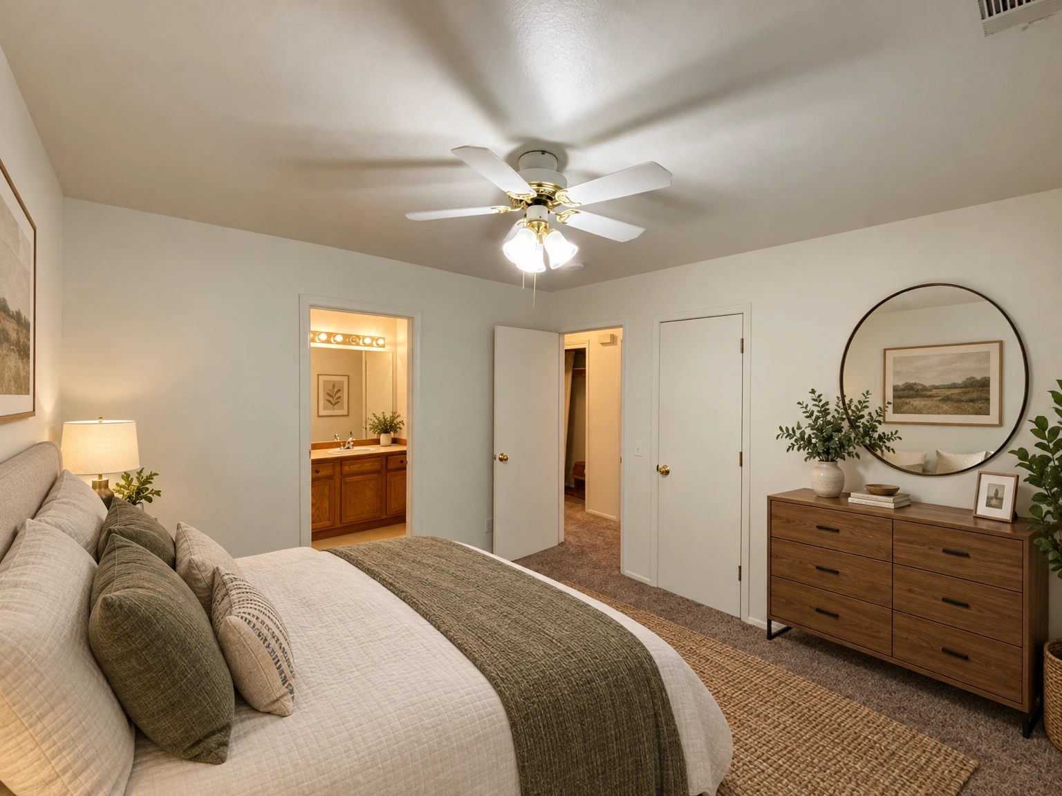 An empty carpeted room has a ceiling fan with lights, an open doorway to a vanity, and two doors. (virtually staged)