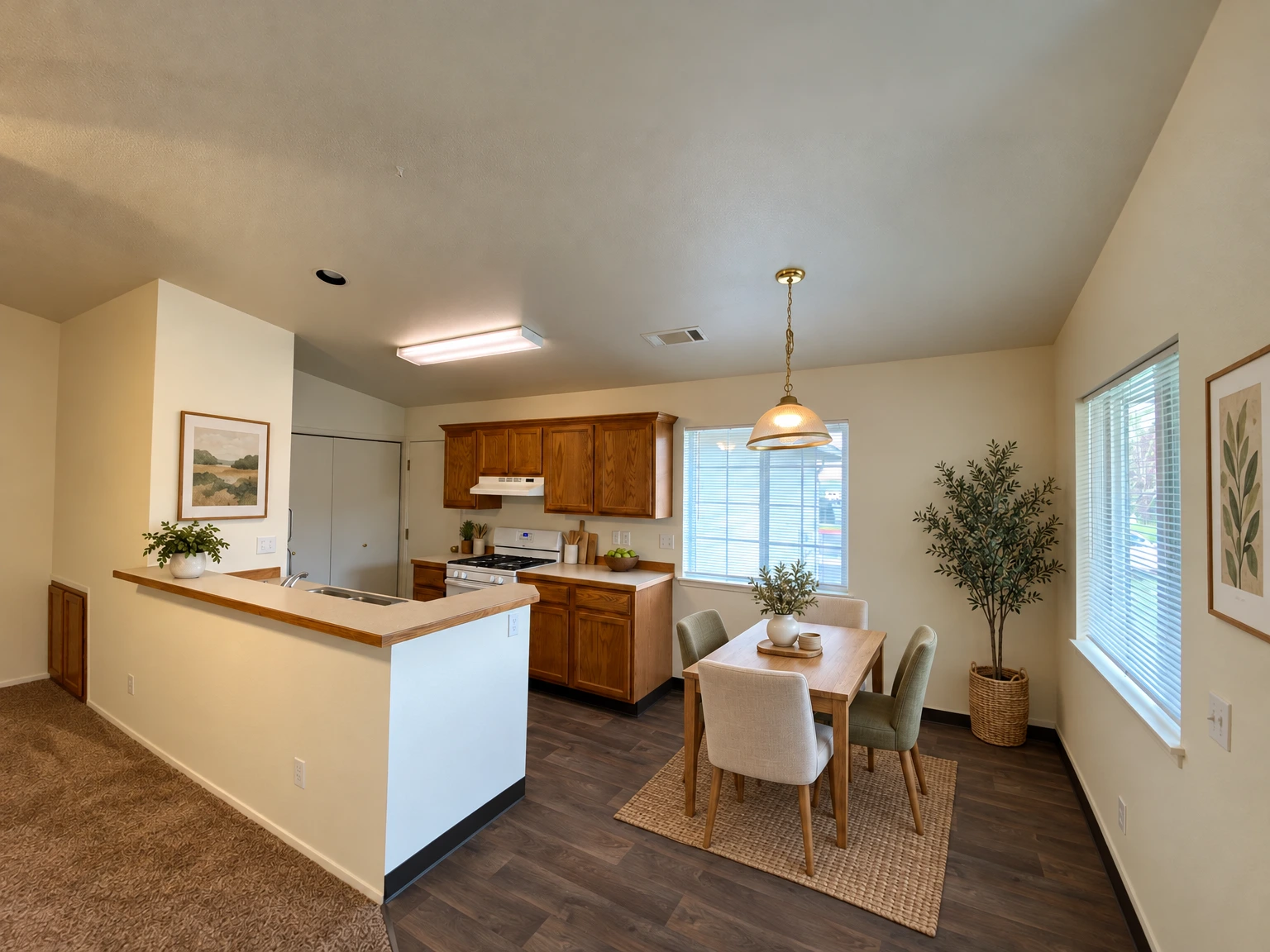 An open kitchen and dining area has wood cabinets, a stove, a counter with a sink, and two windows with blinds. (virtually staged)