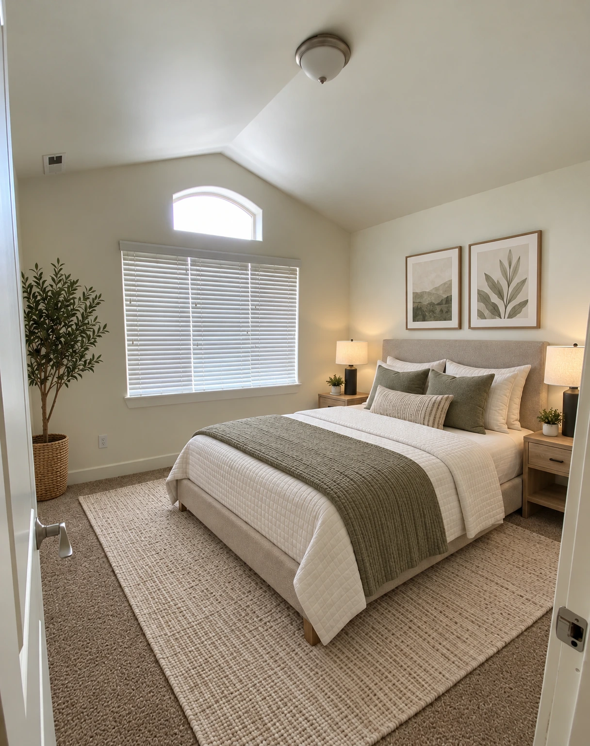 An empty carpeted room has a sloped ceiling, a ceiling light, and a window with blinds and a small arched window above it. (virtually staged)