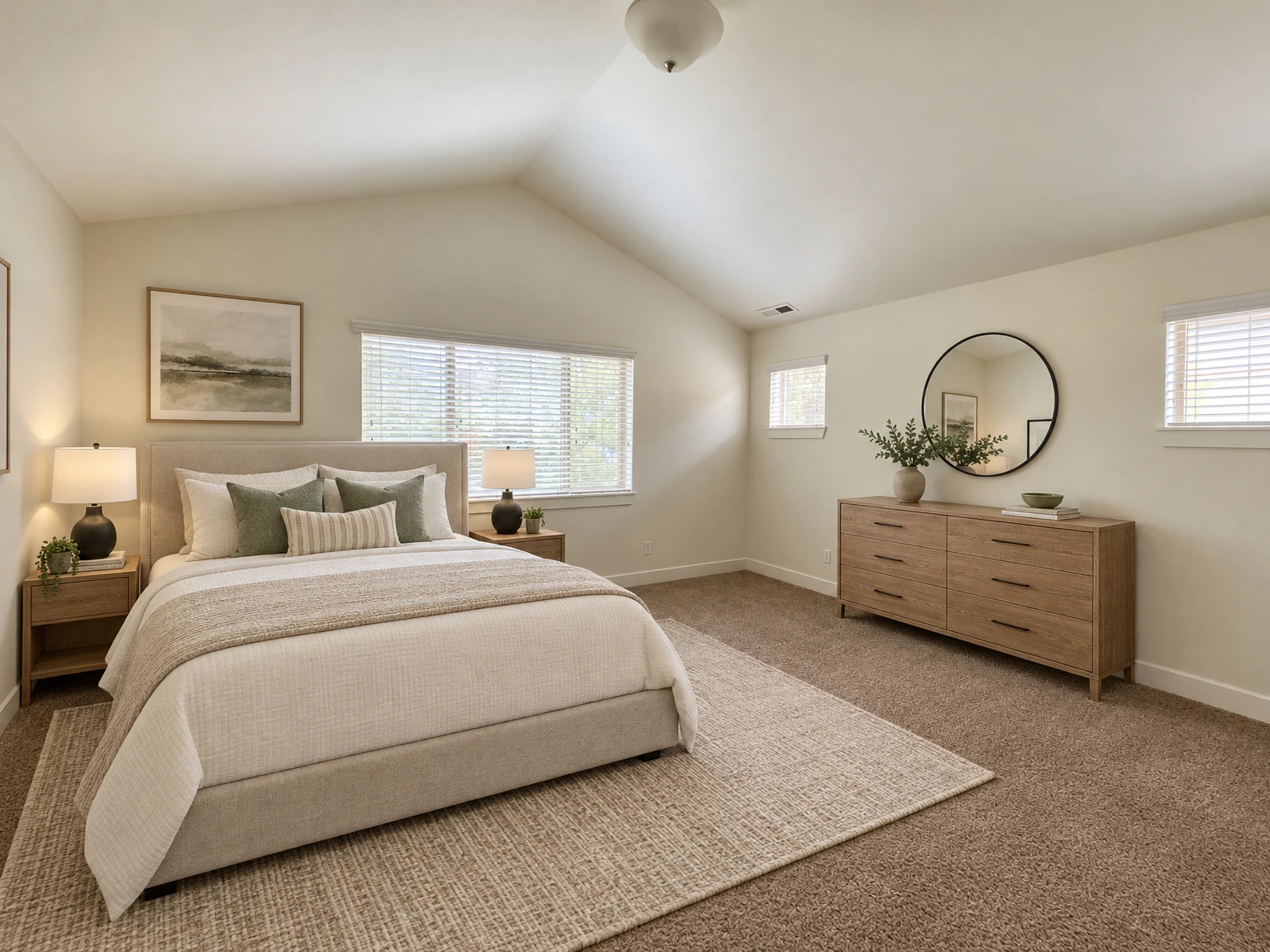 An empty room with brown carpet, white walls, a vaulted ceiling, and three windows with blinds. (virtually staged)