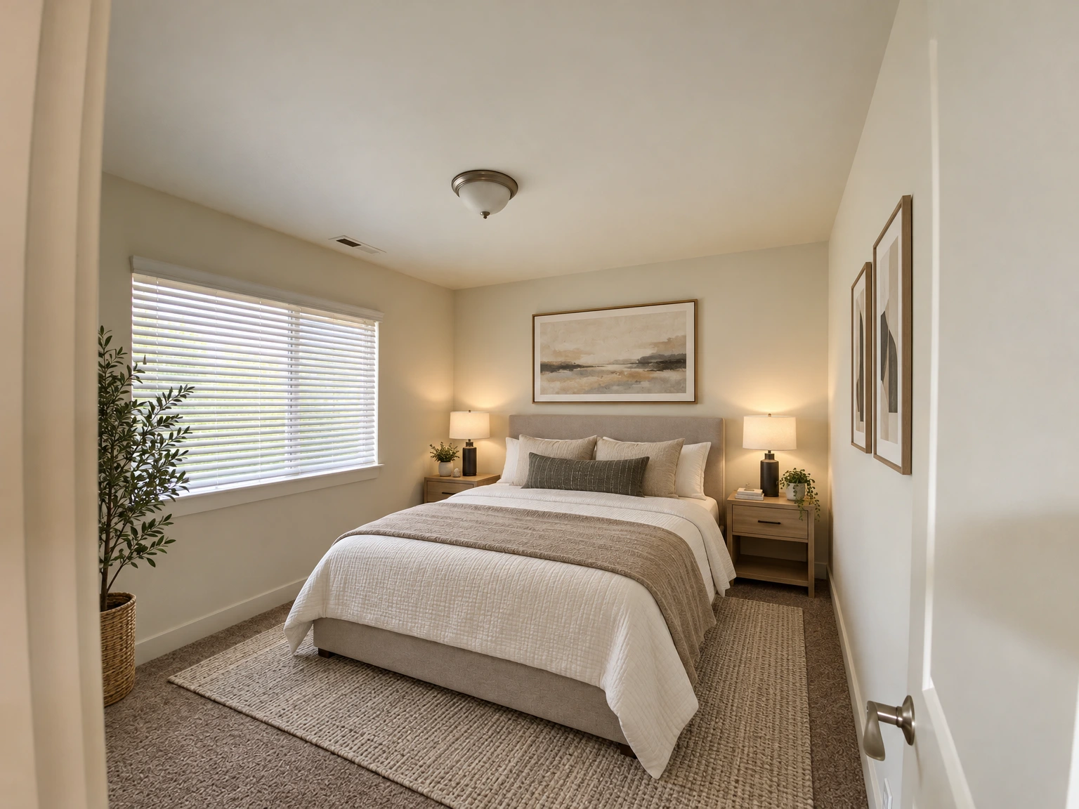 An empty room has beige carpet, pale walls, a window with blinds, and a ceiling light. (virtually staged)