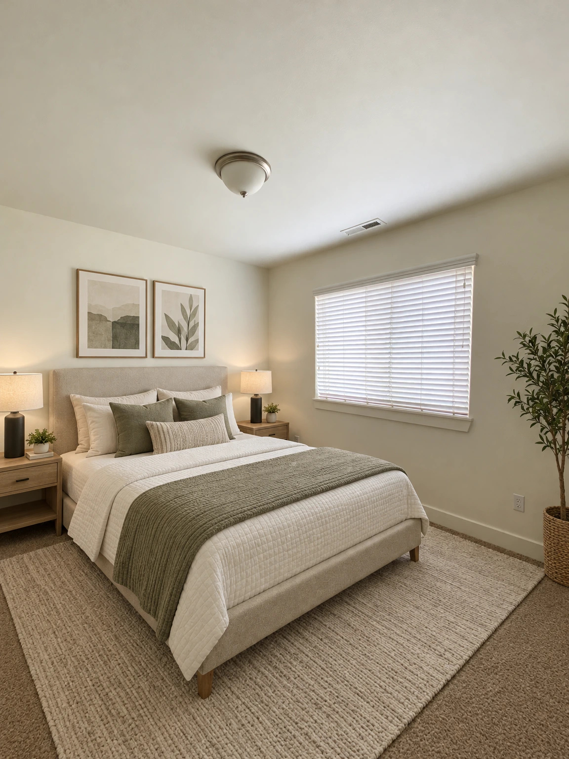 An empty room with brown carpet, pale walls, a ceiling light, and a window with closed blinds. (virtually staged)