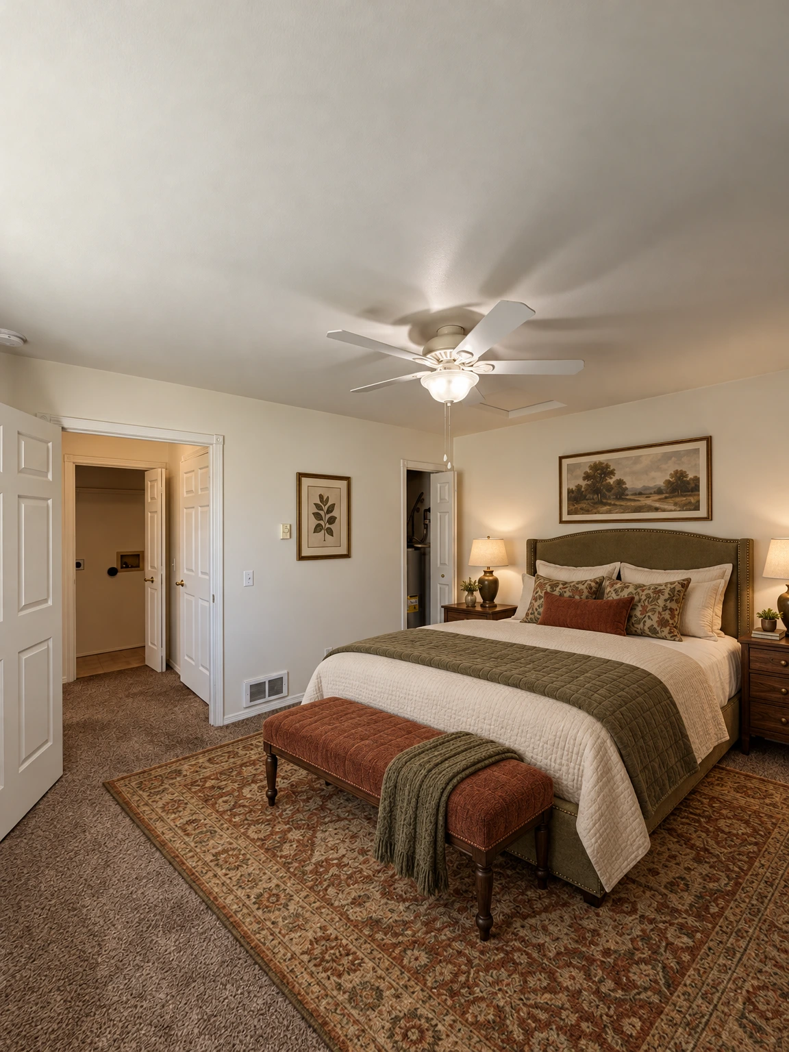An empty room with gray carpet, white walls, a lit ceiling fan, and two open doorways. (virtually staged)
