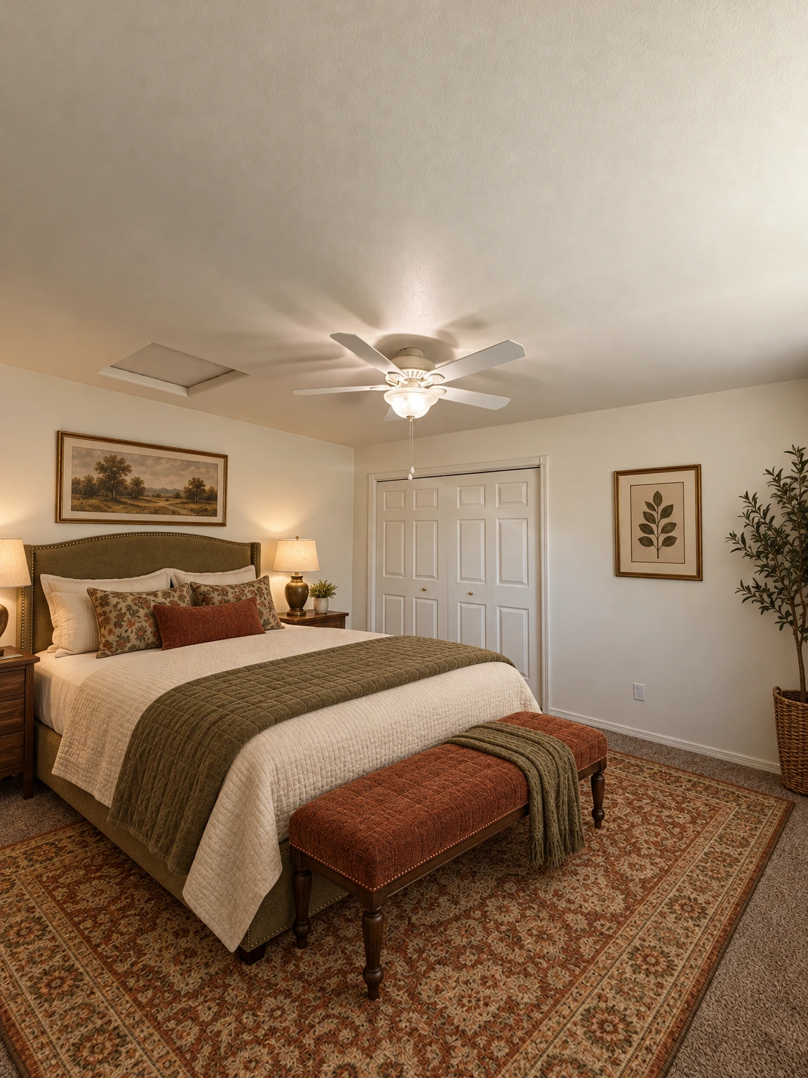 An empty room with gray carpet, white walls, paneled closet doors, and a ceiling fan with a light. (virtually staged)