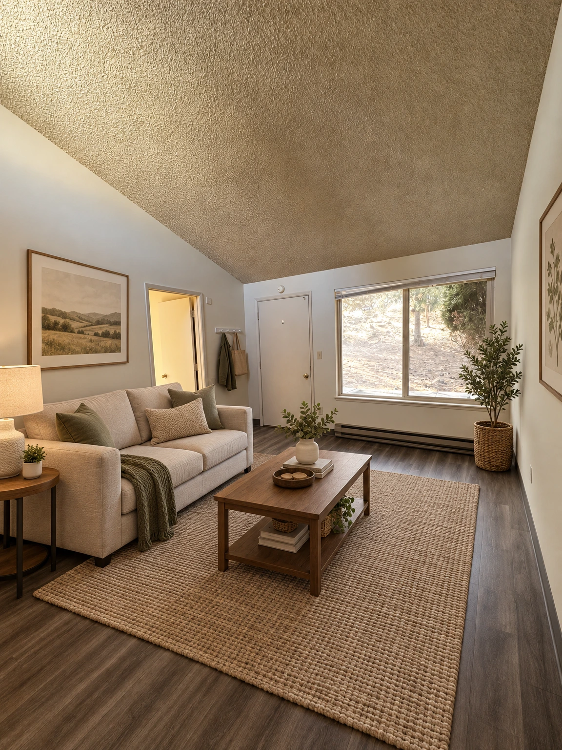 An empty room has dark plank flooring, a textured ceiling, a closed door, and a large window with blinds. (virtually staged)