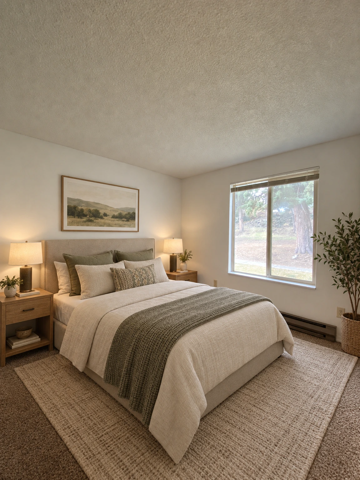 An empty room with beige carpet, white walls, a window with blinds, and a long baseboard heater. (virtually staged)