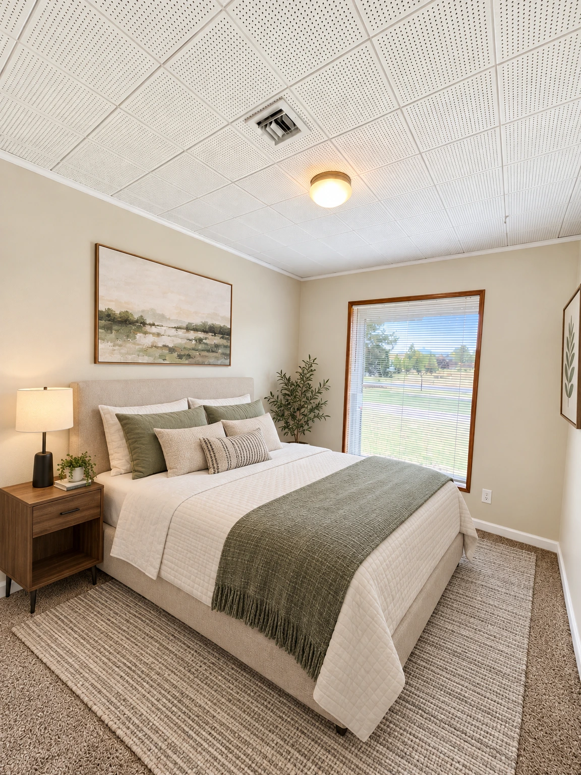 An empty room has beige walls, brown carpet, a tiled ceiling, and a window with blinds. (virtually staged)