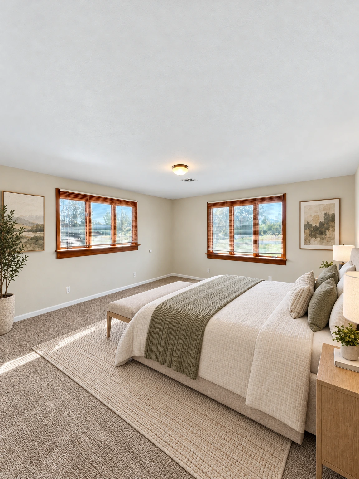 An empty room with beige carpet, two windows with wooden blinds, and a ceiling light. (virtually staged)