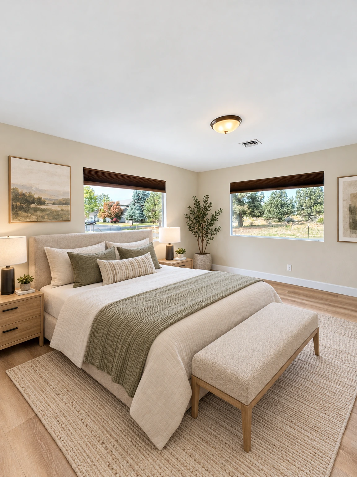 An empty room has light wood-patterned flooring, beige walls, two windows with dark blinds, and a ceiling light. (virtually staged)