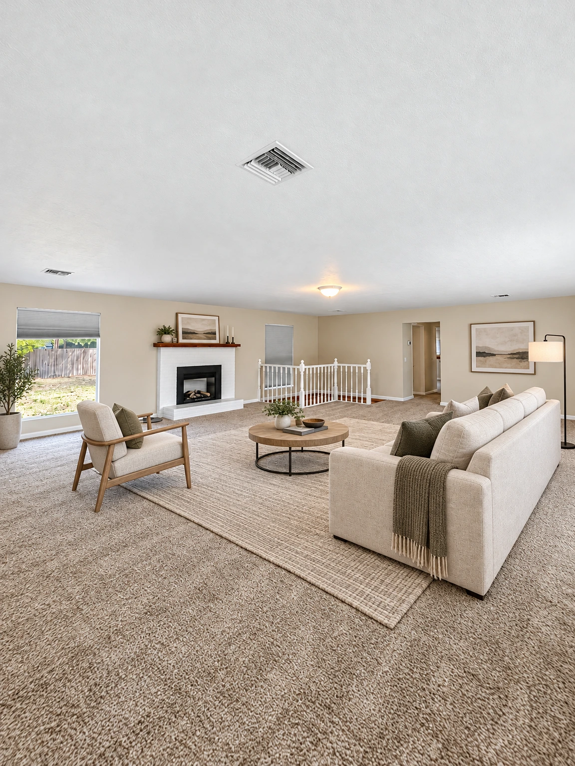 An empty carpeted room has a fireplace, two windows, and a white railing around an opening. (virtually staged)