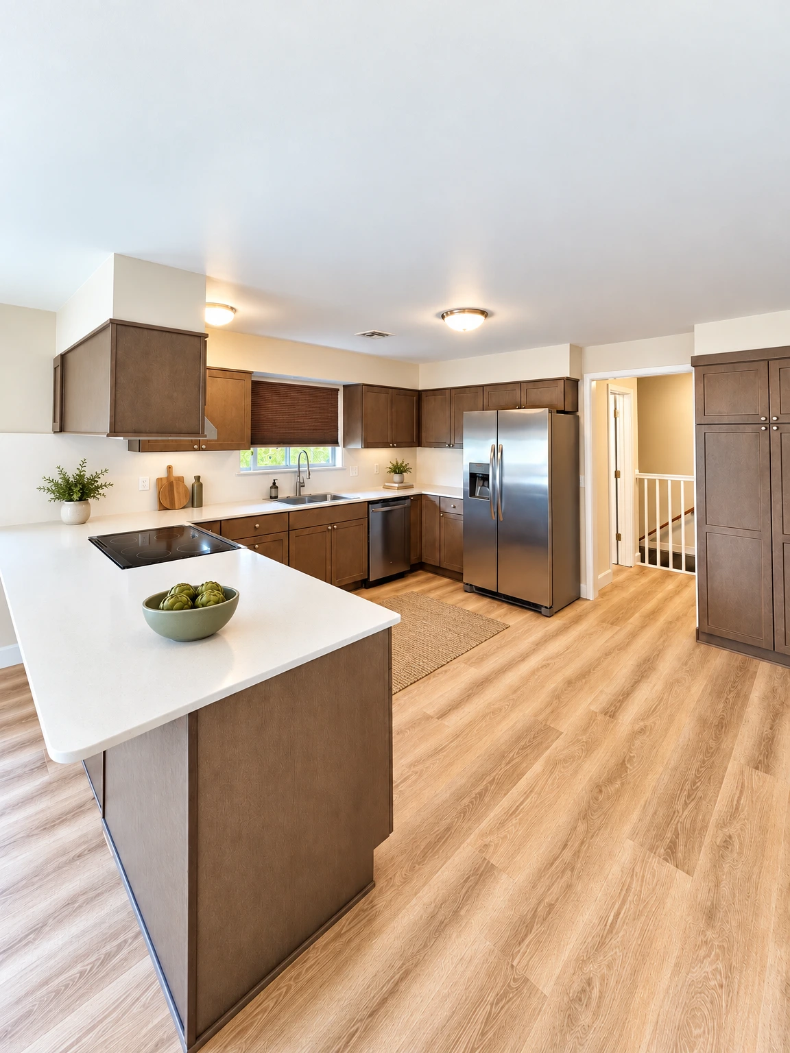A kitchen with dark wood cabinets, white counters, a stainless steel refrigerator, and light wood flooring. (virtually staged)