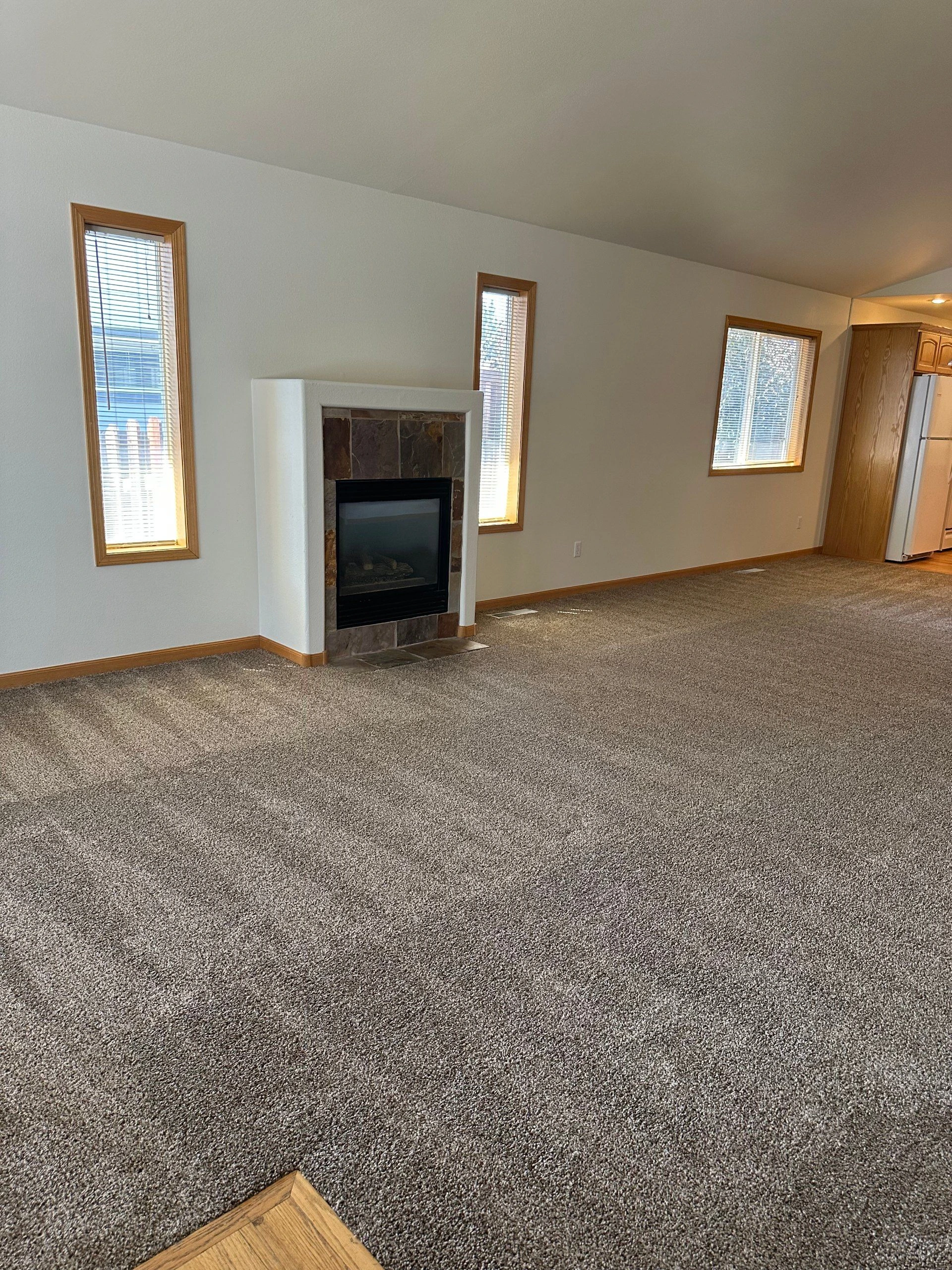 A carpeted interior has a tiled fireplace, three windows with blinds, and wood cabinets beside a refrigerator.