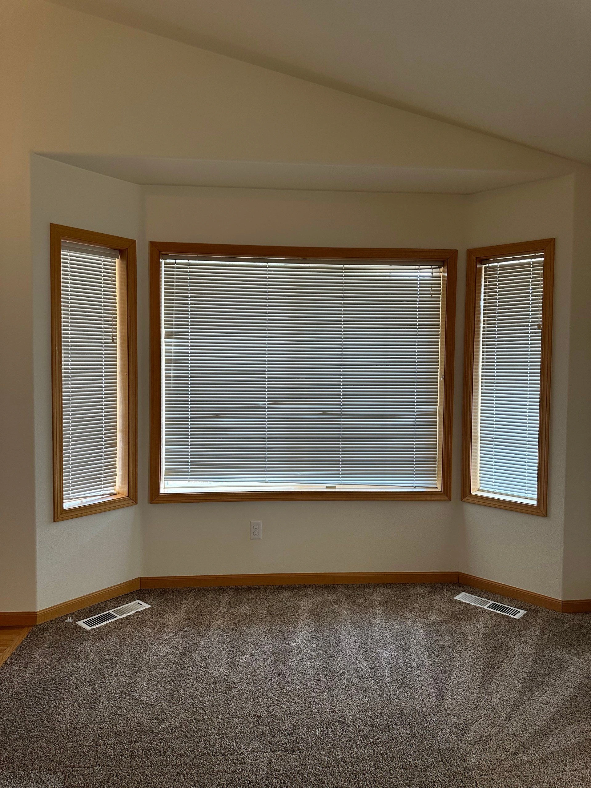 An empty carpeted room has three wood-trimmed windows with closed horizontal blinds.