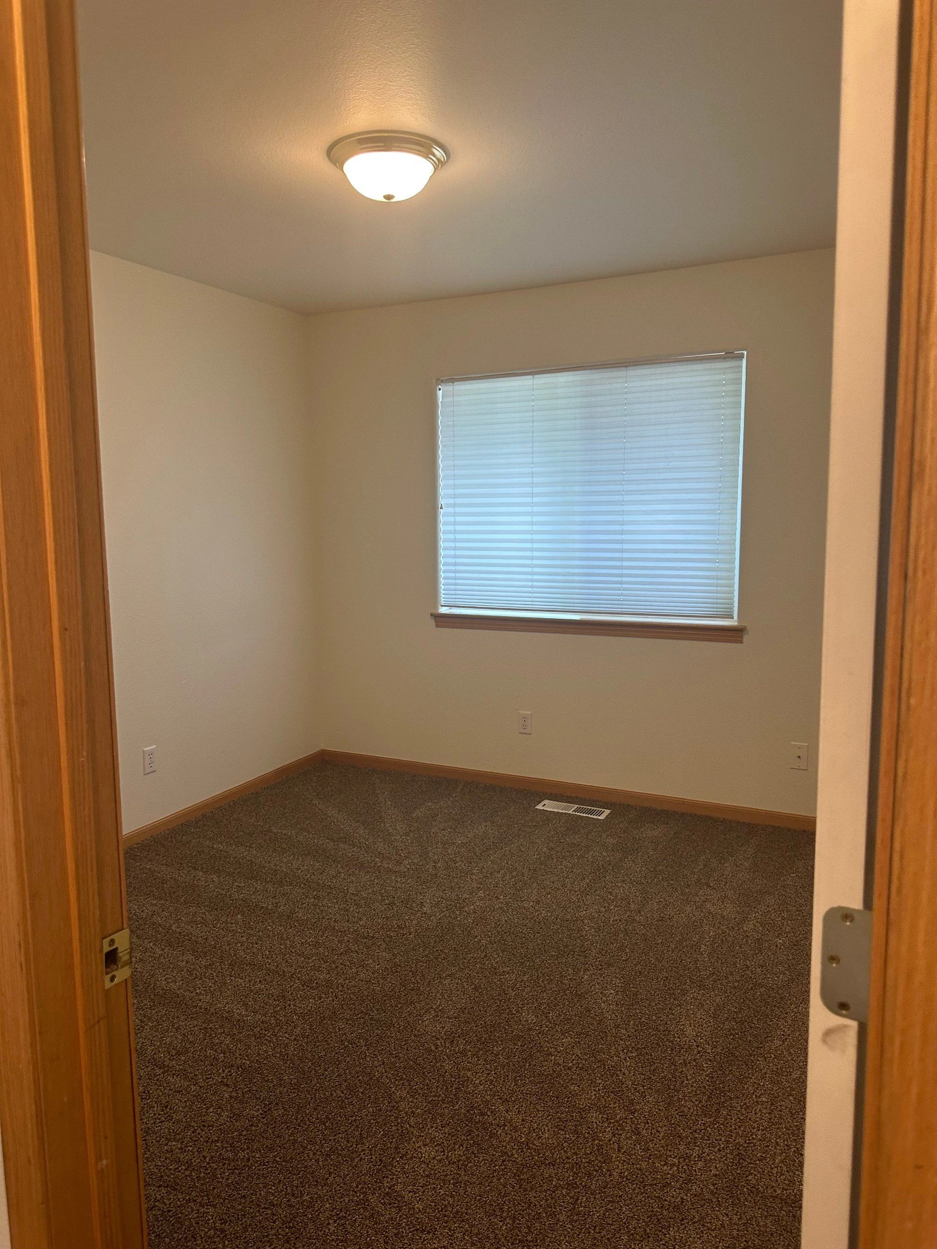 An empty room with brown carpet, beige walls, a window with closed blinds, and a lit ceiling fixture.