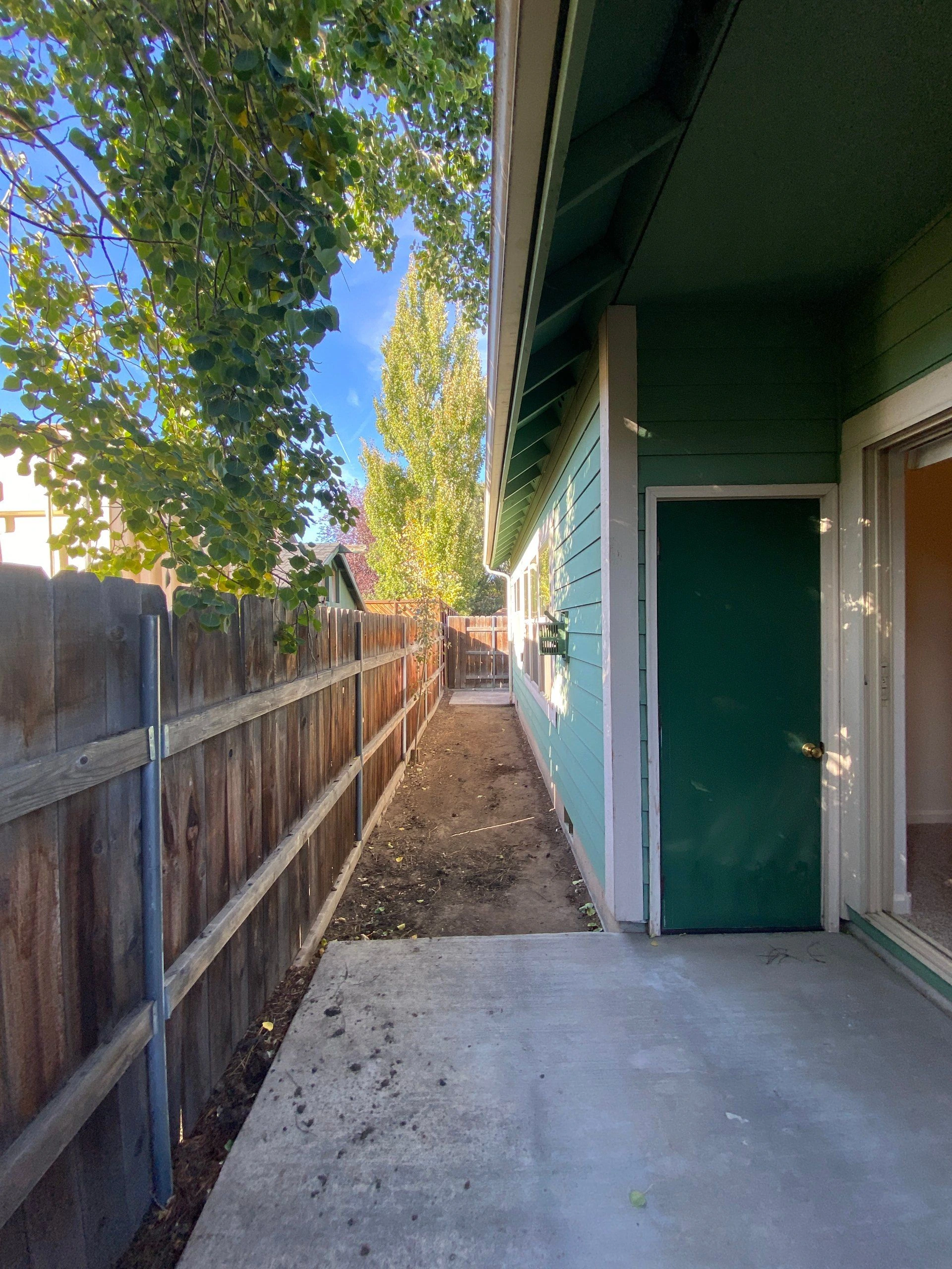 A narrow passage runs between a wooden fence and a blue-sided building, with a green door and trees overhead.