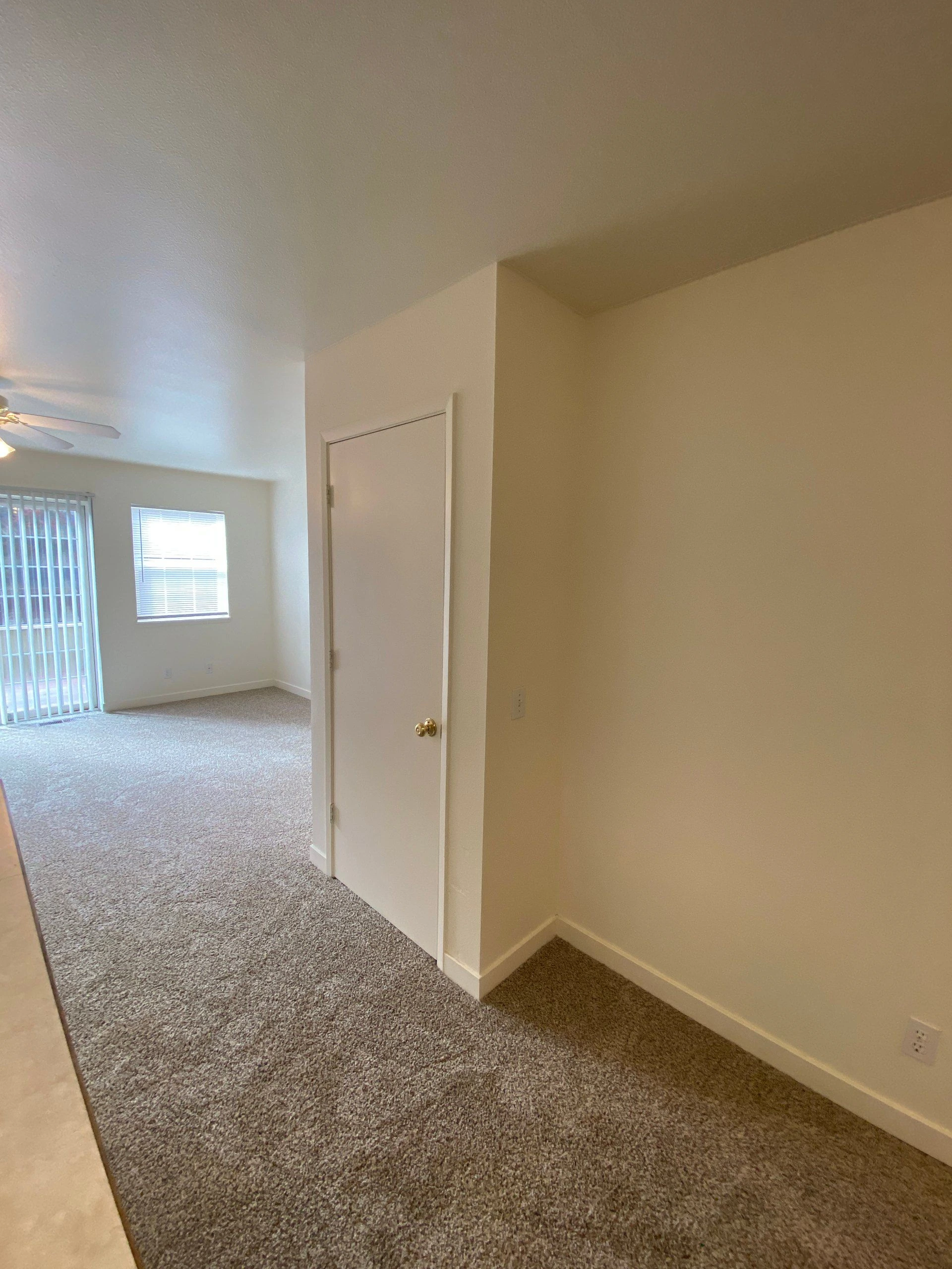 A carpeted room has beige walls, a closed white door, and windows with blinds; part of a ceiling fan is visible.