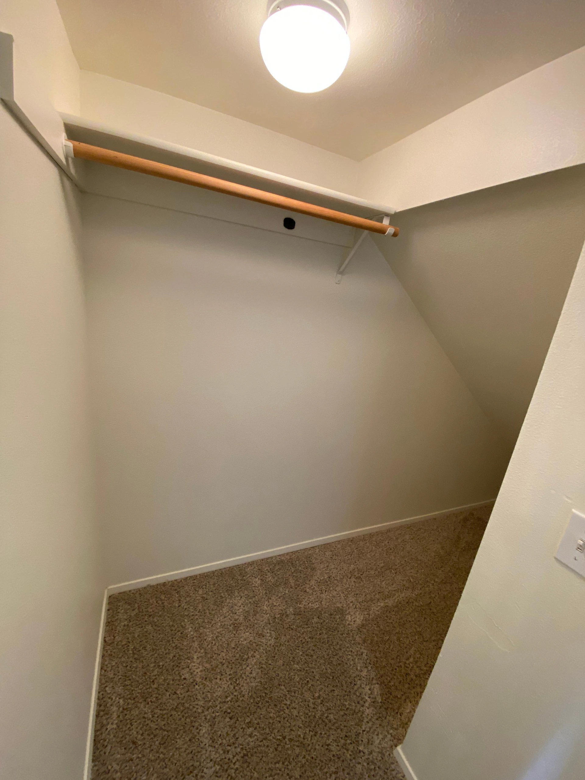 An empty closet has a wooden hanging rod beneath a shelf, a ceiling light, and carpeted flooring.
