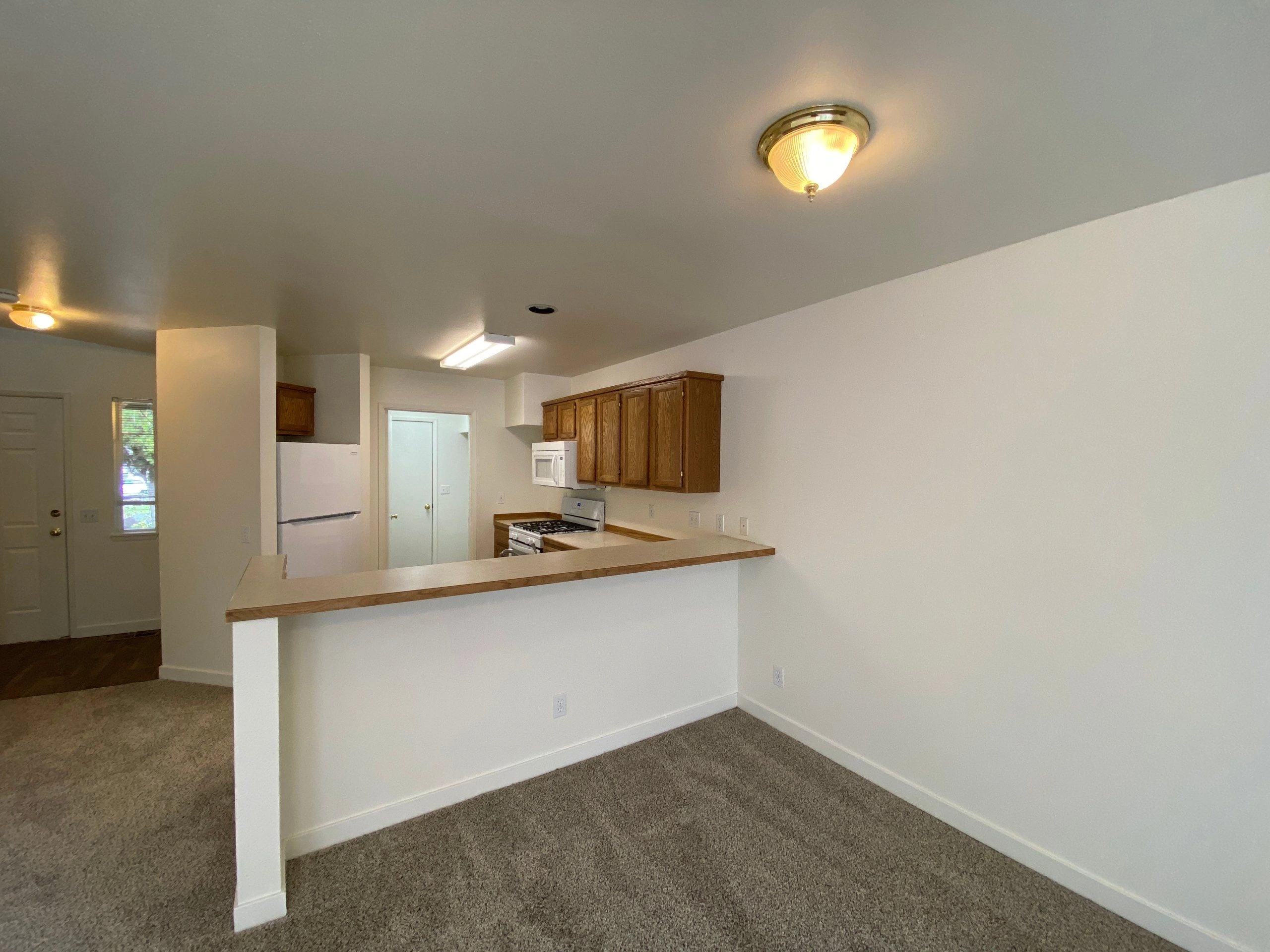 A carpeted room opens to a kitchen with a wood-trimmed counter, wooden cabinets, a refrigerator, microwave, and stove.
