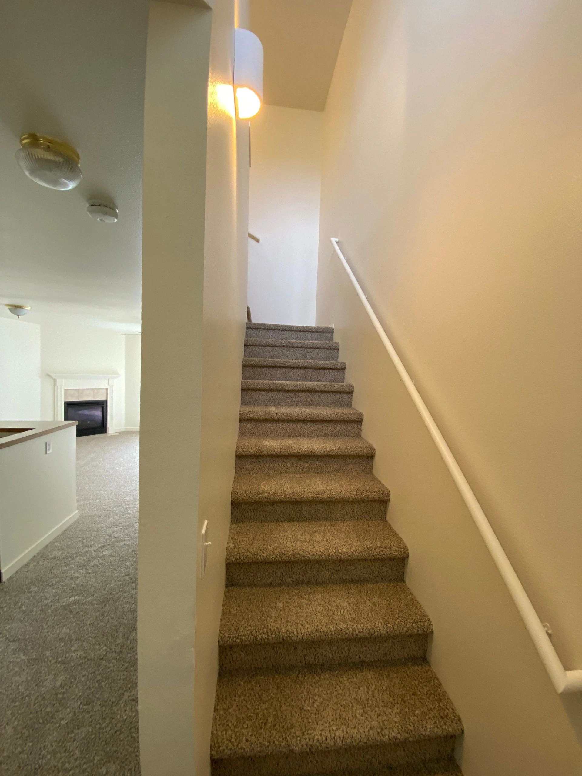 Carpeted stairs rise beside a white handrail, with a fireplace visible in the adjoining room.