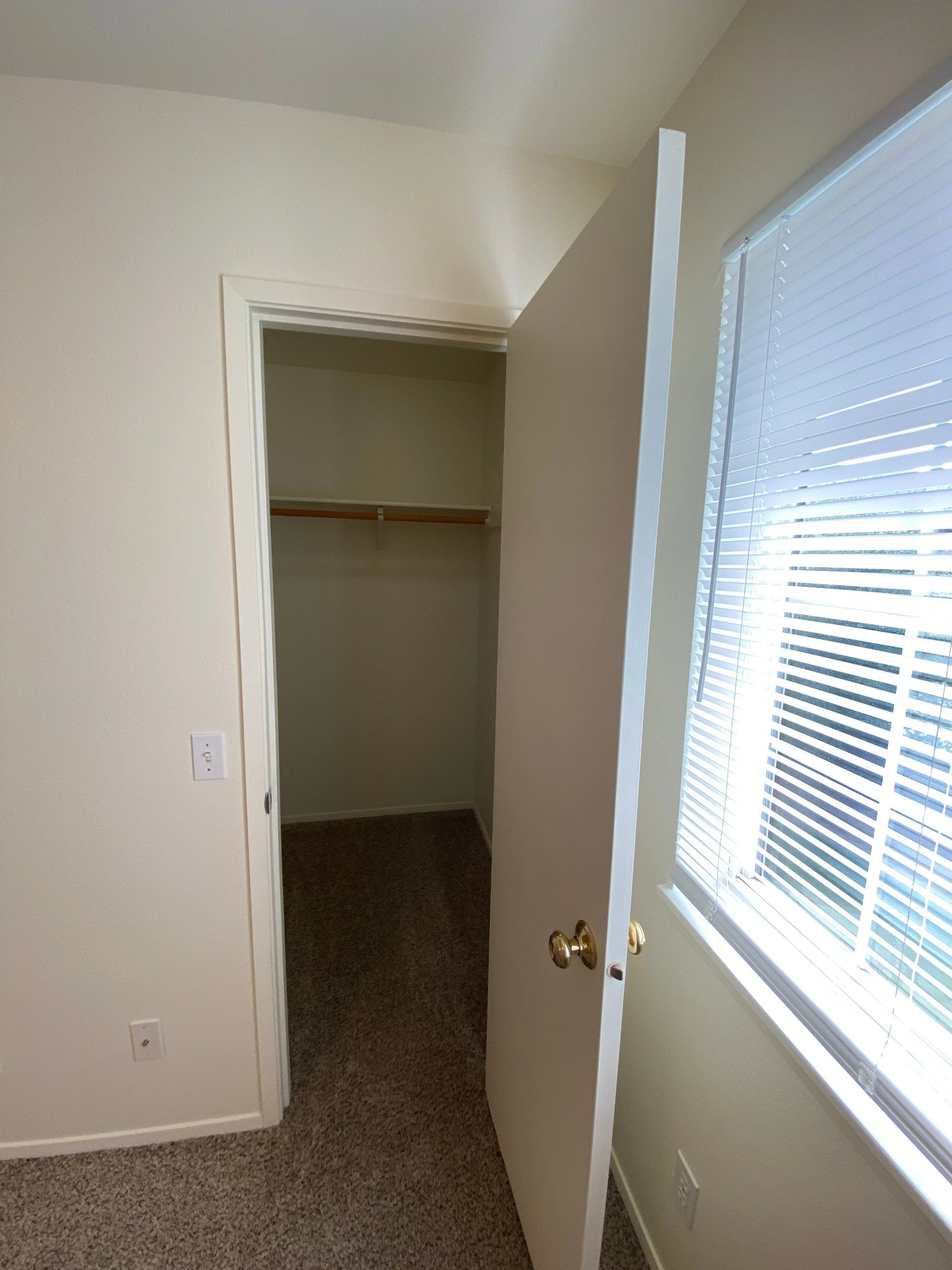 An open closet has a wooden hanging rod and carpeted floor; a window with white blinds is beside it.