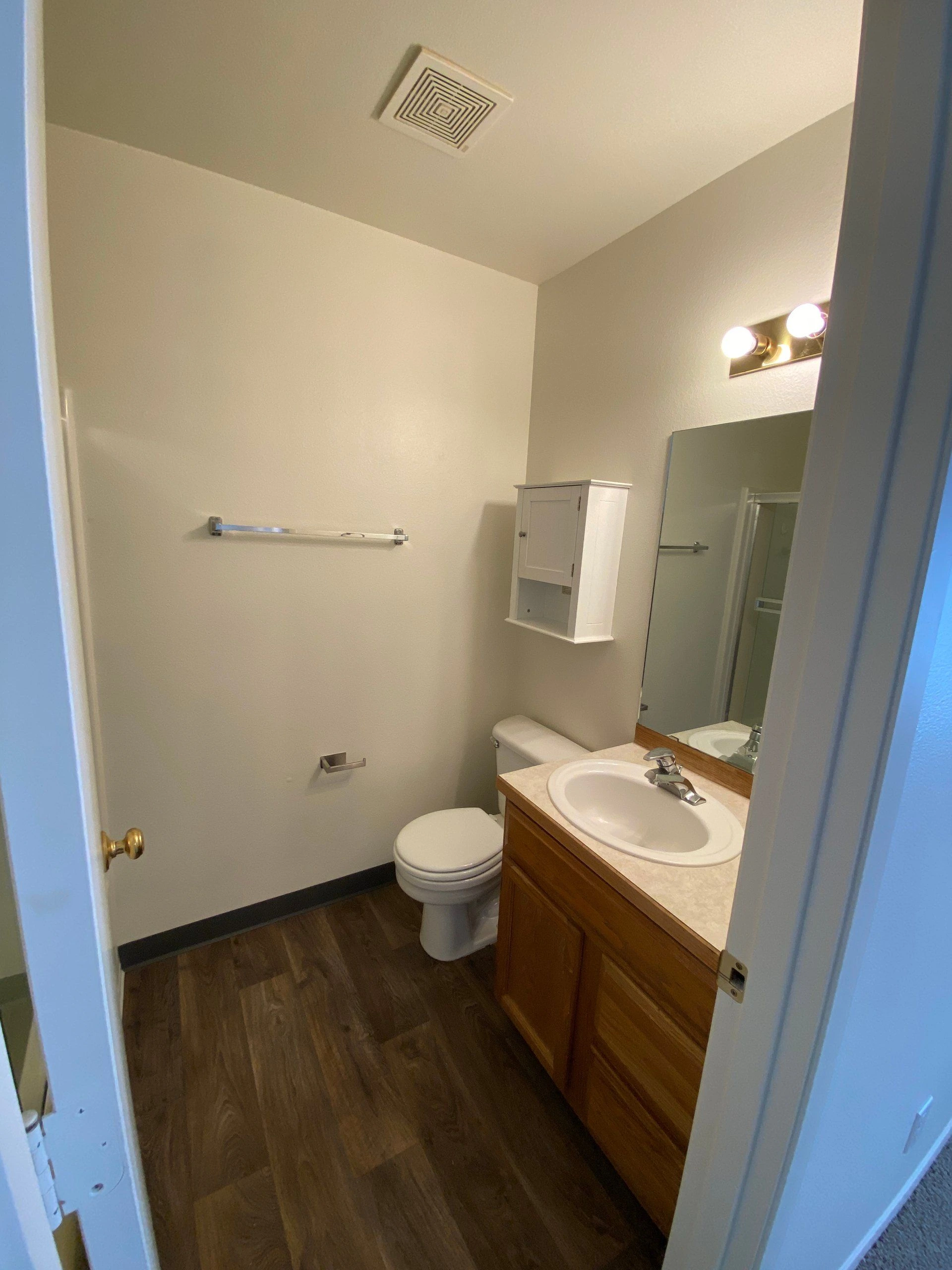A bathroom with a toilet, wood vanity and sink, large mirror, wall cabinet, towel bar, and ceiling vent.