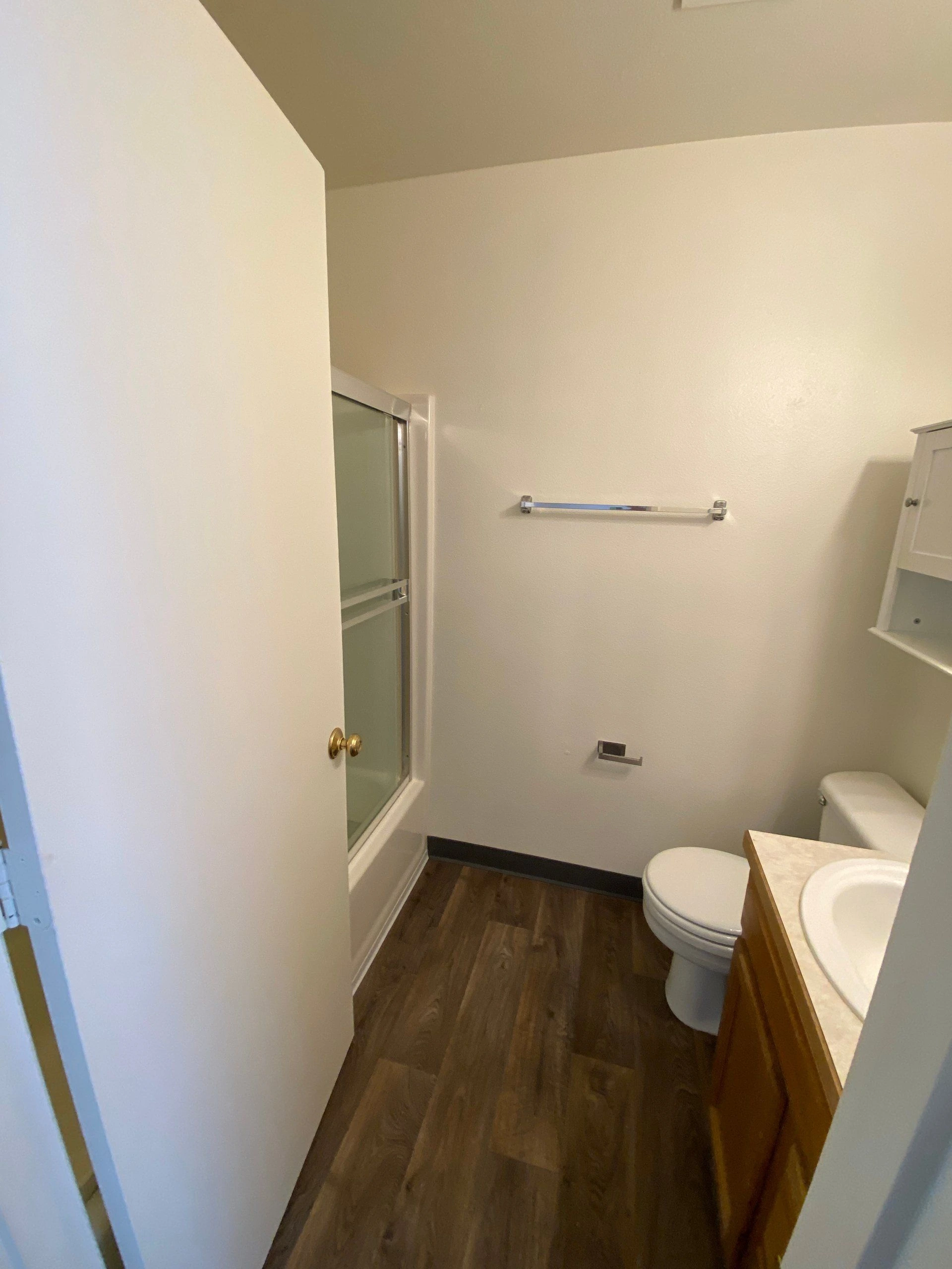 A bathroom with a glass shower, toilet, sink vanity, towel bar, and dark wood-patterned floor.