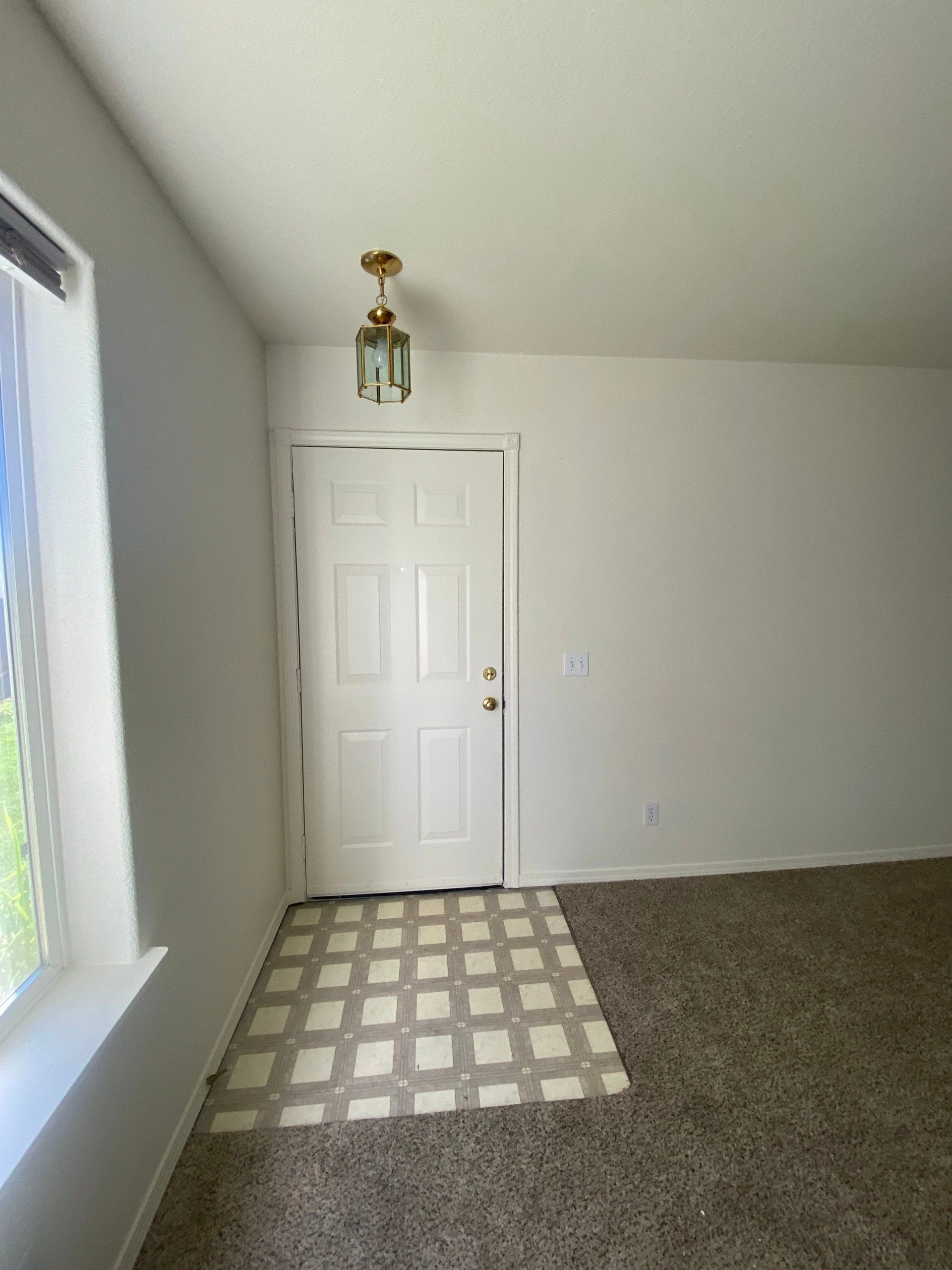 A white paneled door and brass pendant light are beside a window, with patterned flooring meeting carpet.