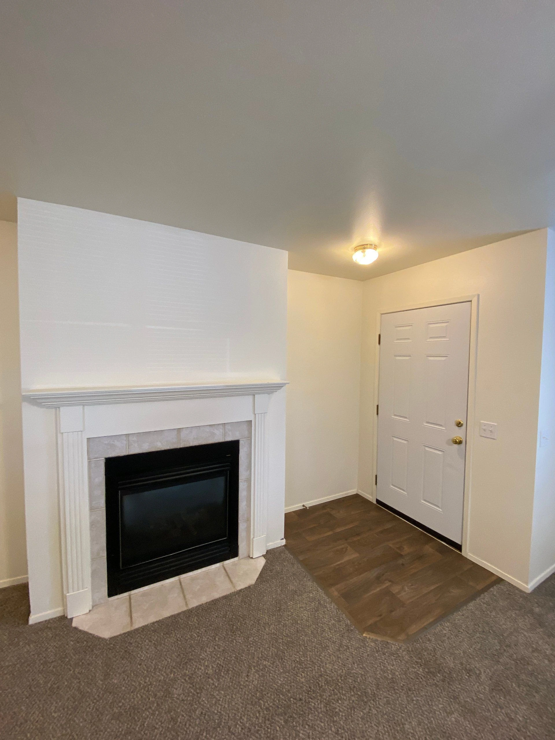 A white mantel frames a black fireplace beside a white paneled door; carpet meets dark wood flooring.