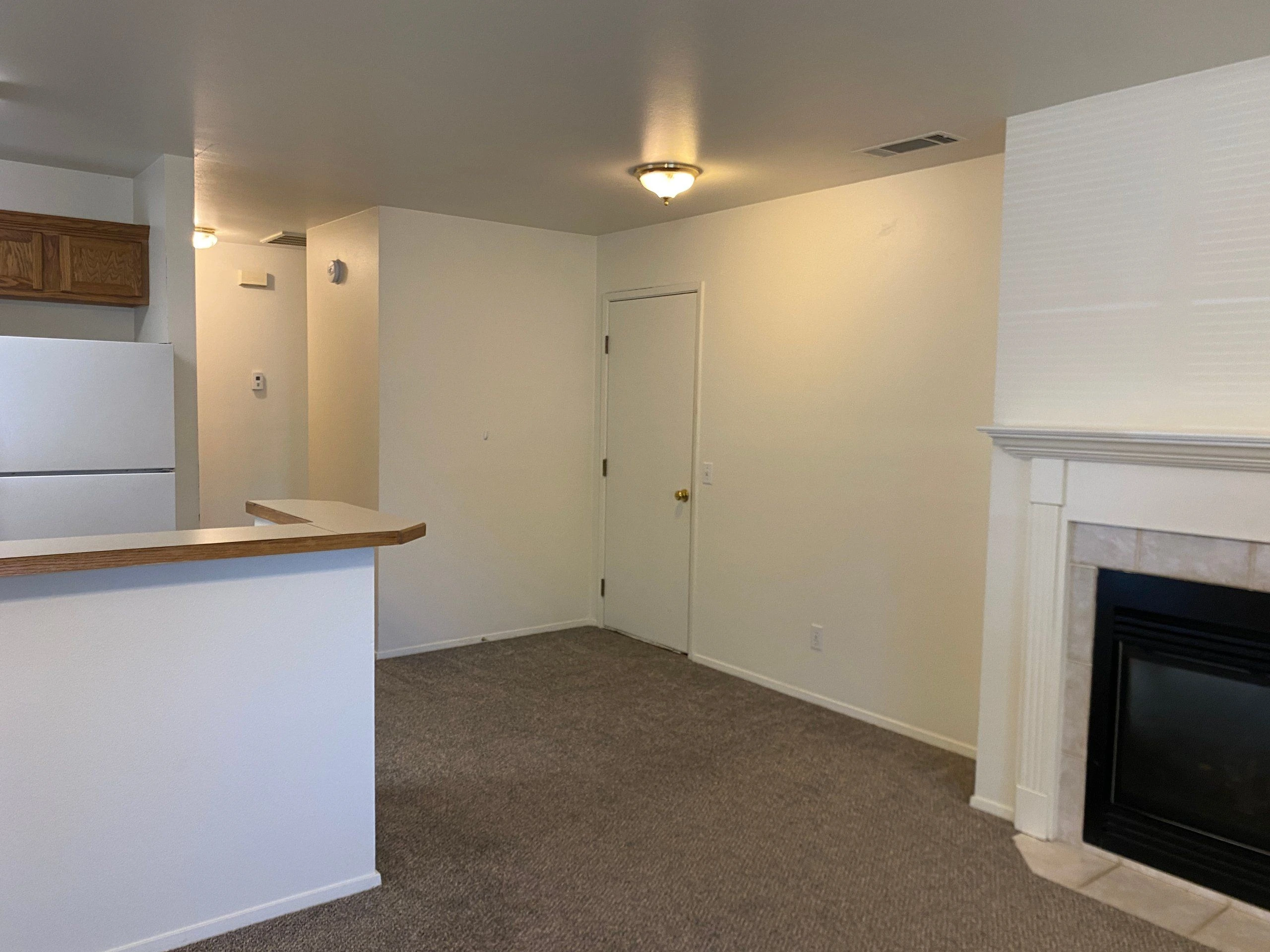 A carpeted room has a closed door, a counter and refrigerator on the left, and a fireplace on the right.