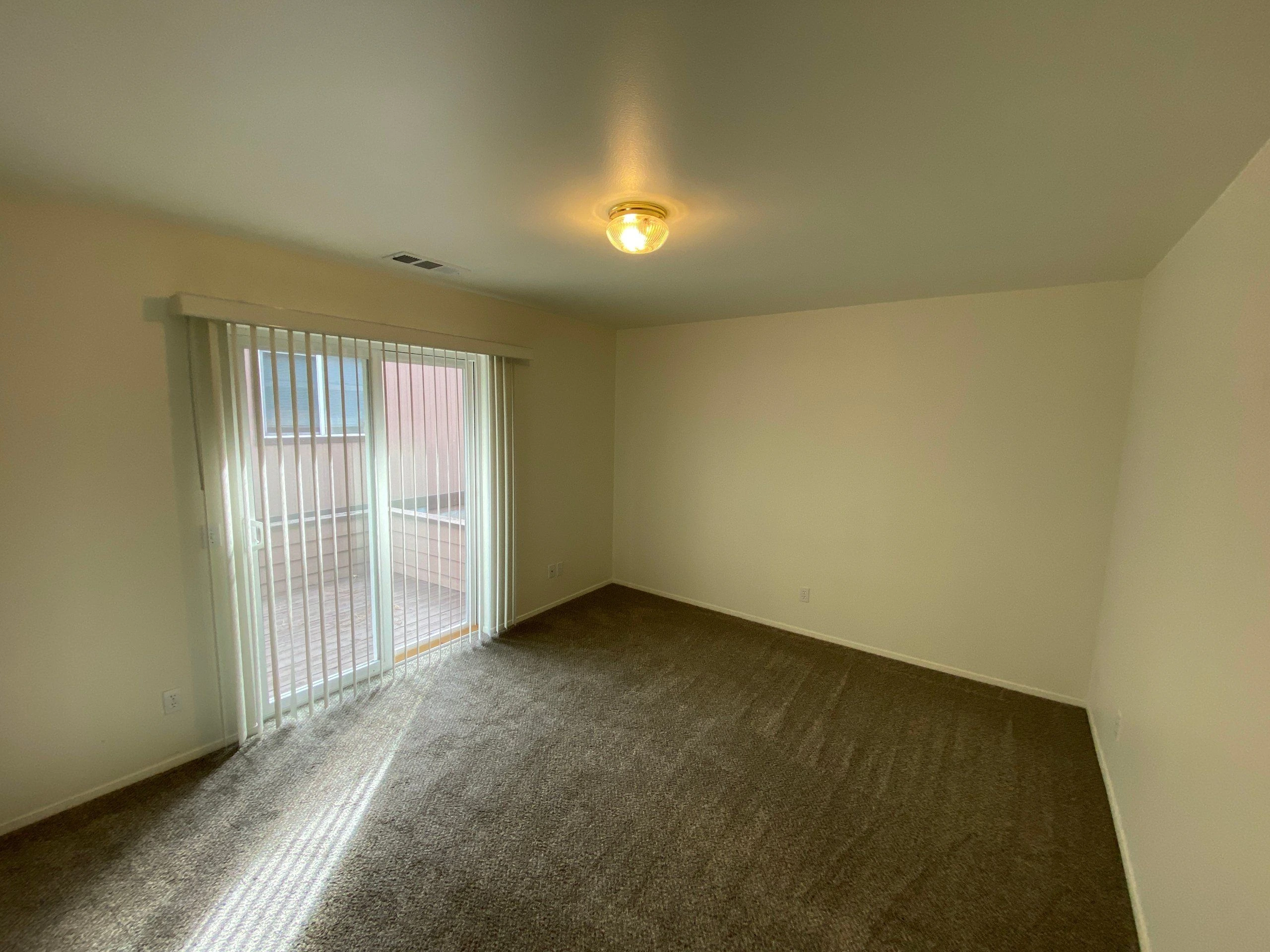 An empty room with brown carpet, cream walls, a lit ceiling fixture, and a sliding glass door covered by vertical blinds.