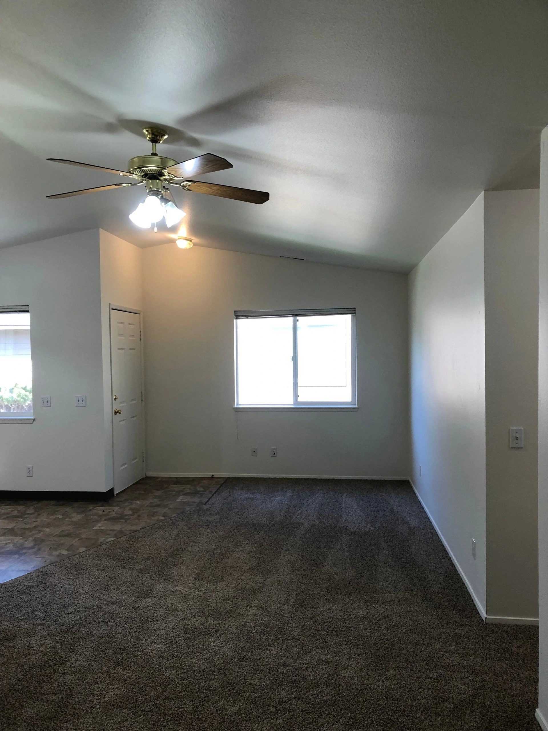 An empty room with a ceiling fan and lights, two windows, a closed door, and carpet beside a tiled floor area.