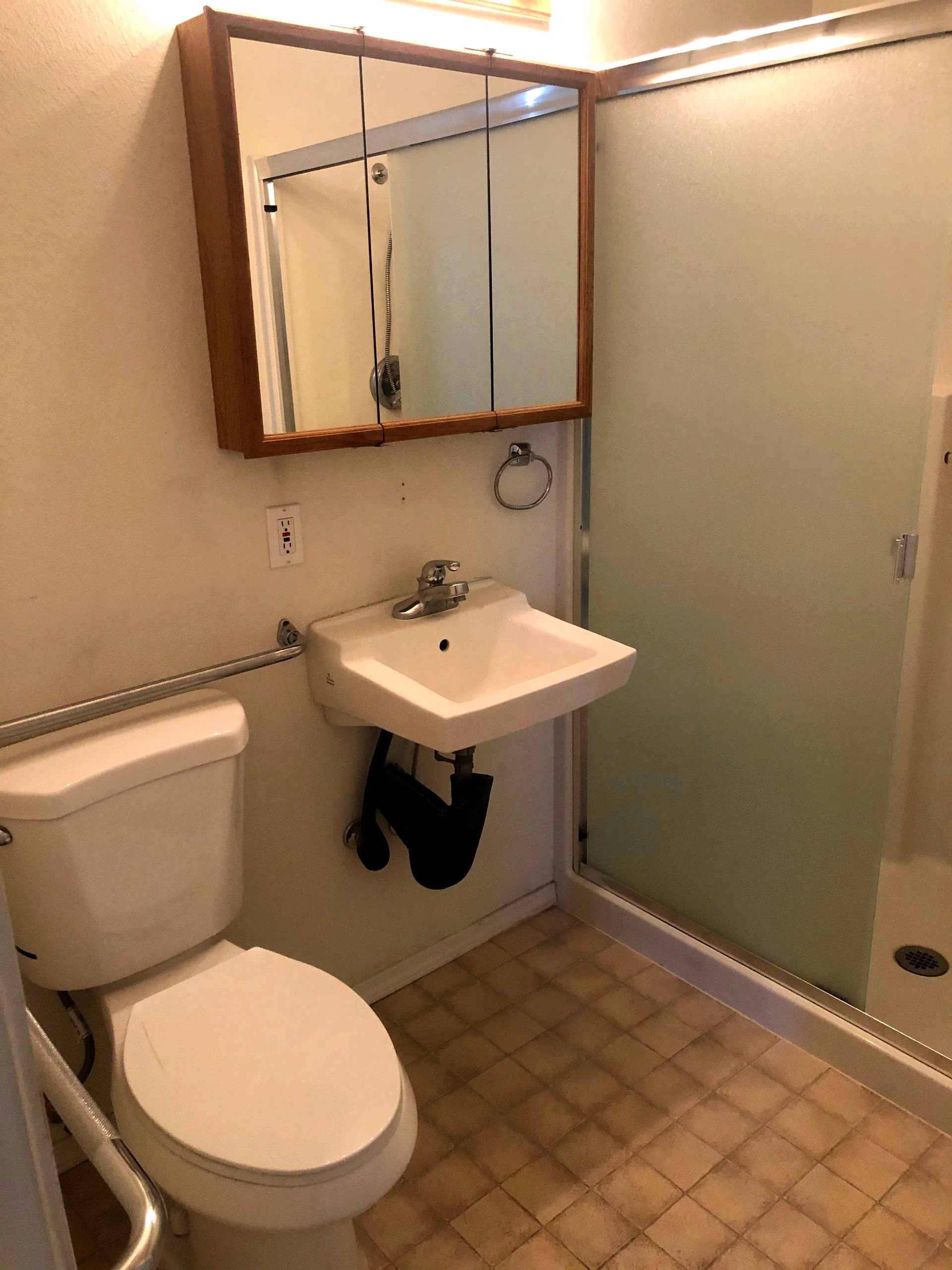 A bathroom with a toilet, wall-mounted sink, mirrored cabinet, grab bars, and a frosted-glass shower door.