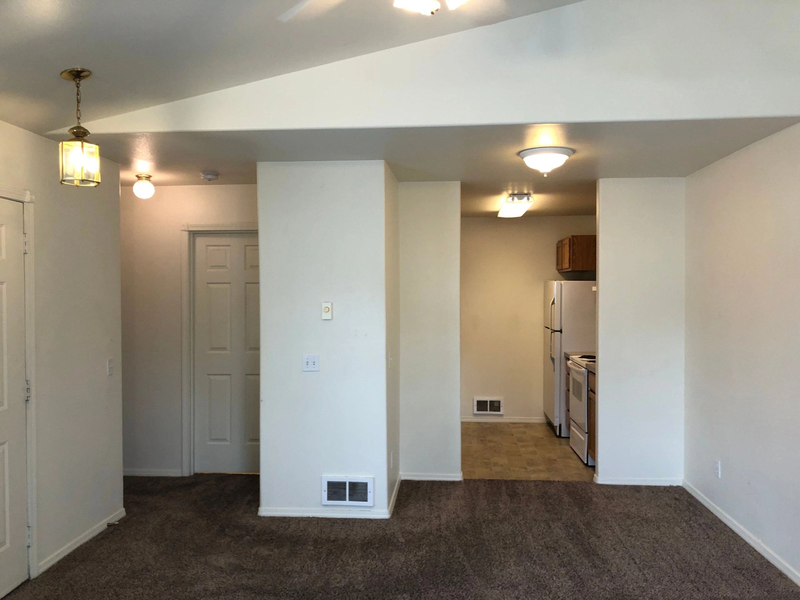 A carpeted room opens into a kitchen with a refrigerator, stove, and wooden cabinet; several ceiling lights are on.