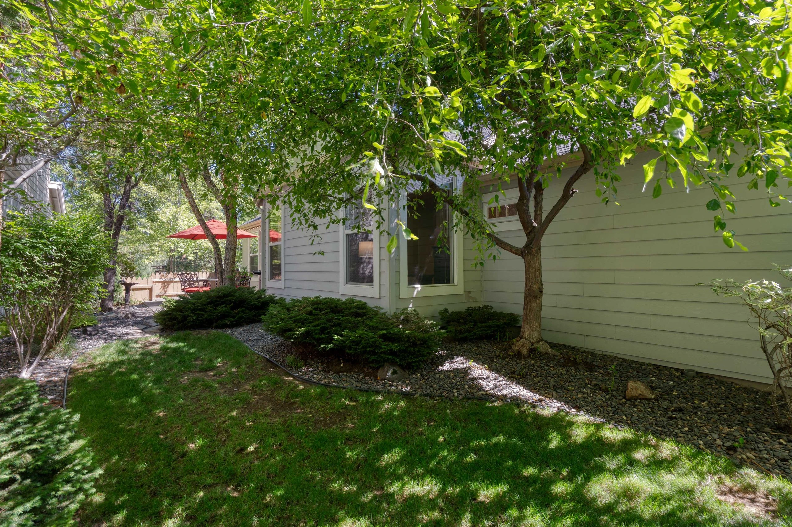 A leafy backyard beside a light-sided house, with windows, shrubs, a stone path, lawn, and red patio umbrella.