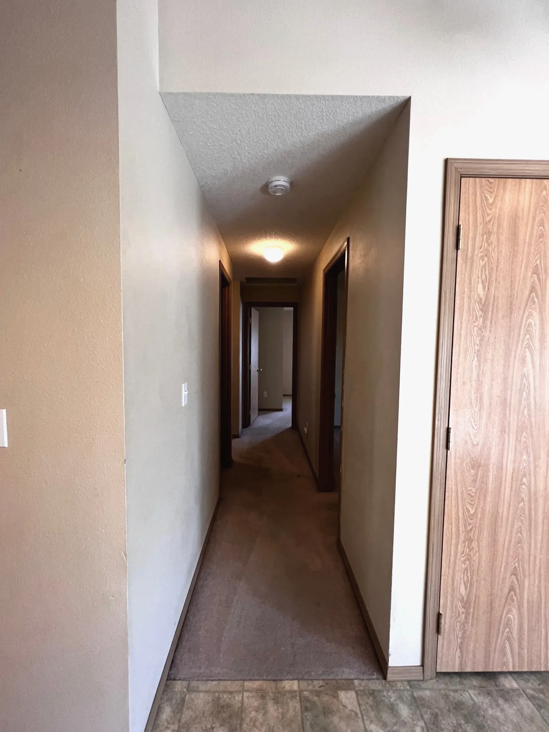 A carpeted hallway with several doorways, a lit ceiling fixture, and a smoke detector; tile flooring begins in the foreground.