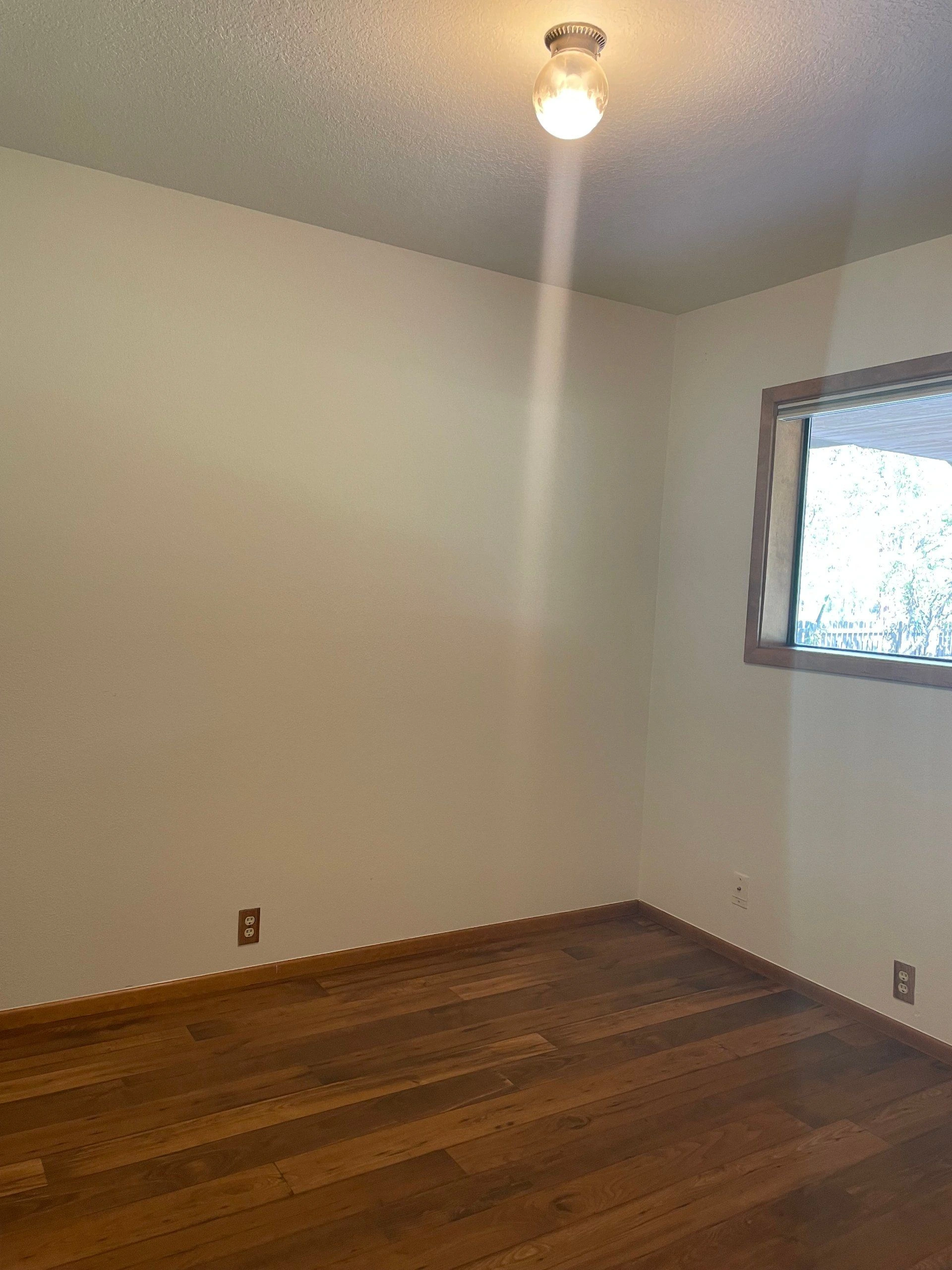 An empty room with light walls, a lit ceiling bulb, a wood floor, and a window on the right wall.