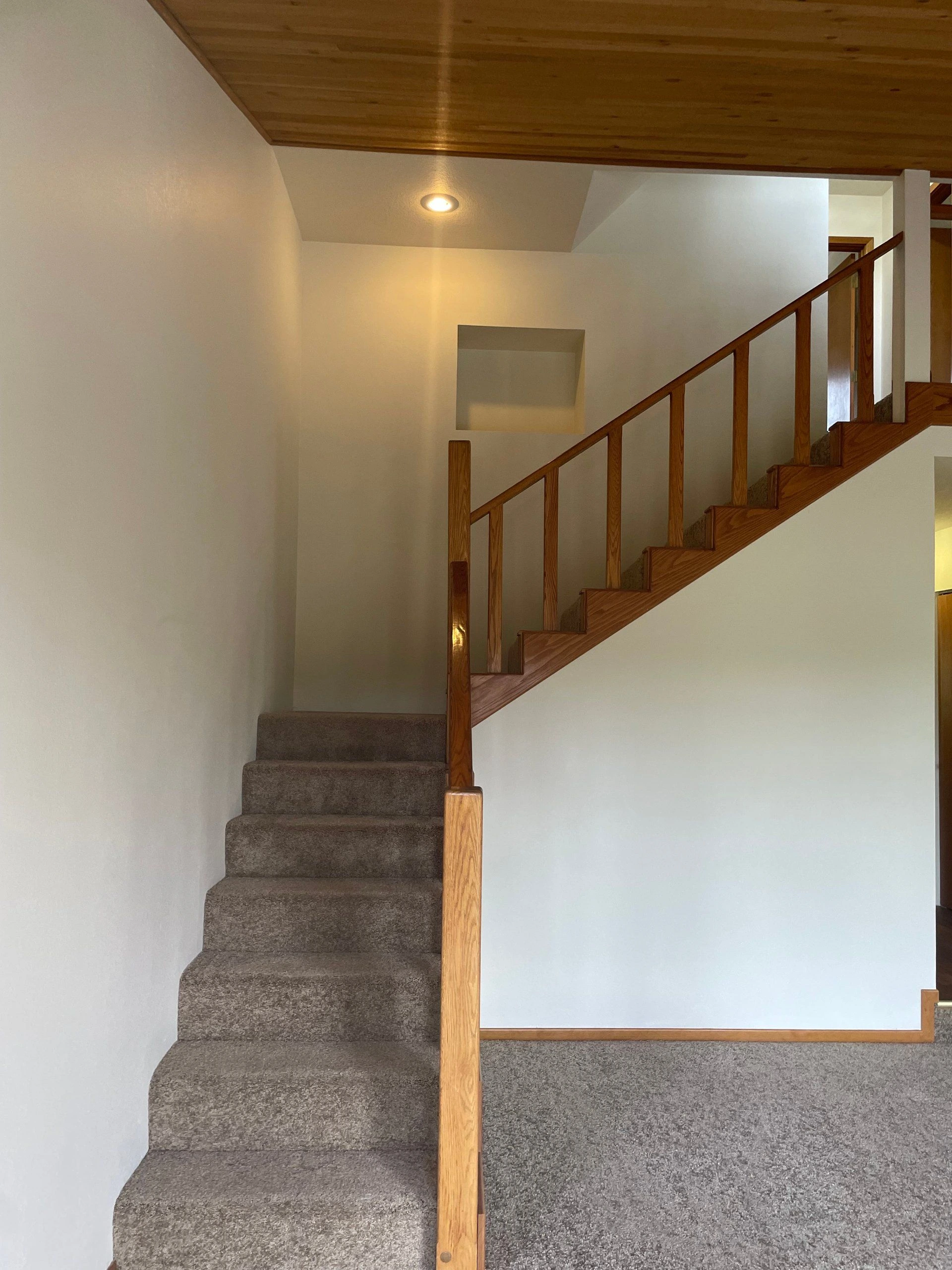 Carpeted stairs rise beside a wooden railing beneath a wood-paneled ceiling.