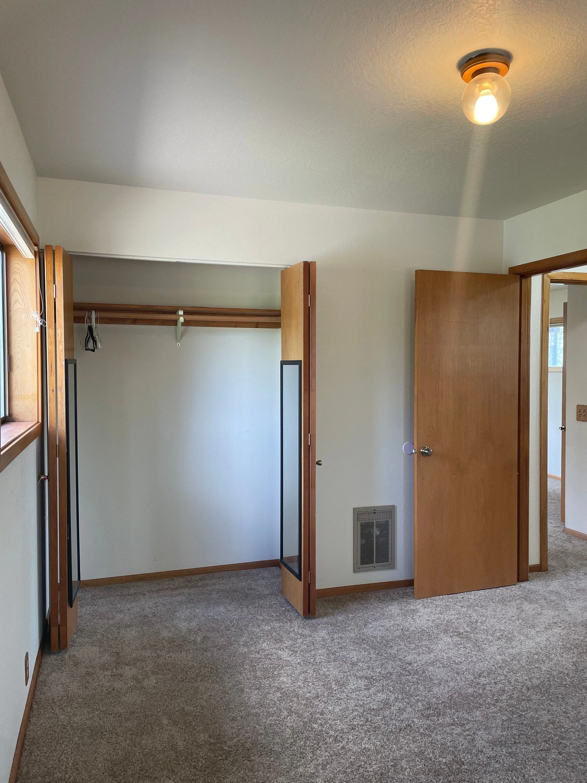 A carpeted room has an open wooden closet with a hanging rod and an open wooden door; a ceiling bulb is lit.