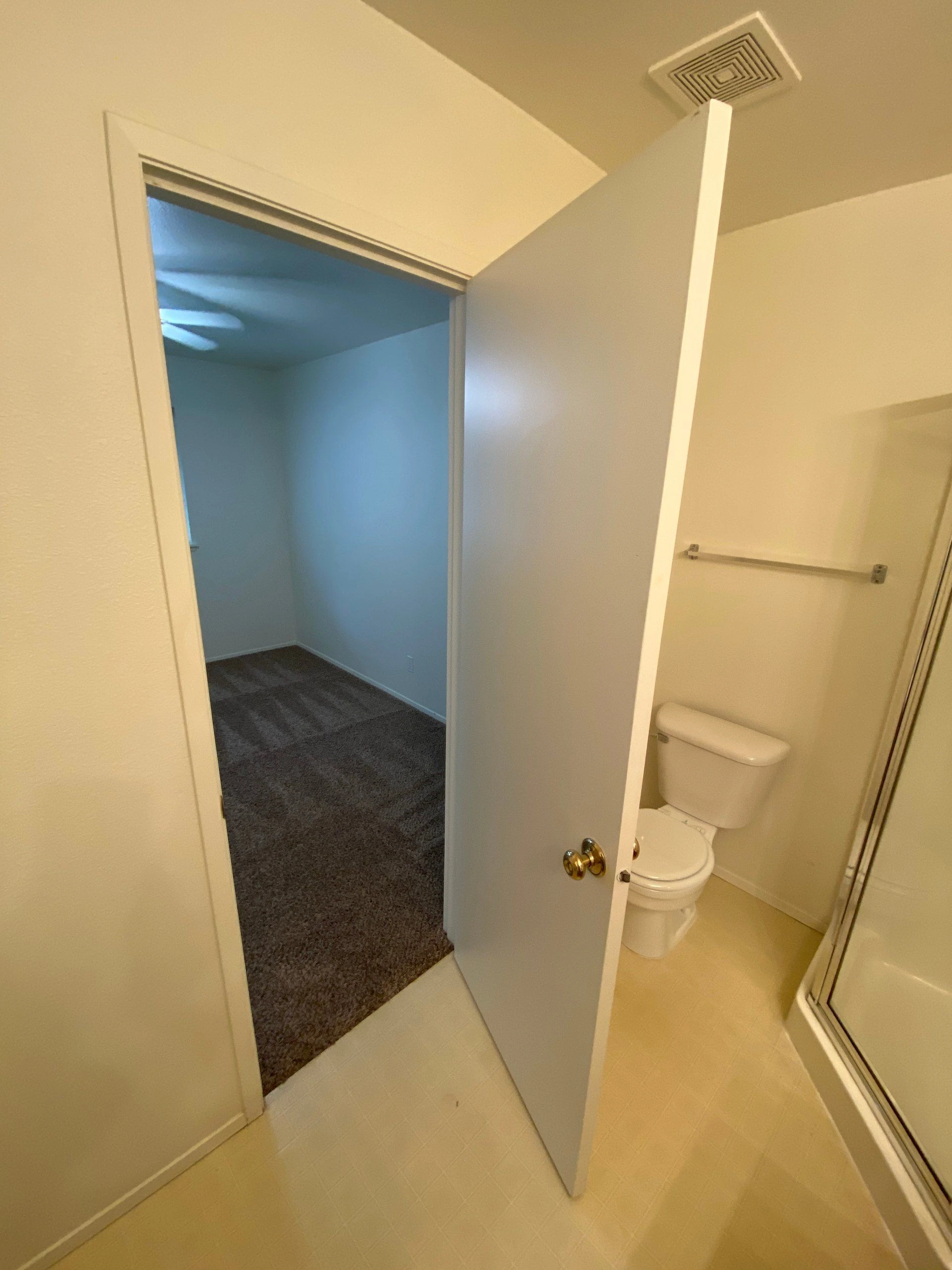 An open bathroom door reveals a toilet, a shower enclosure, and an adjoining carpeted room.